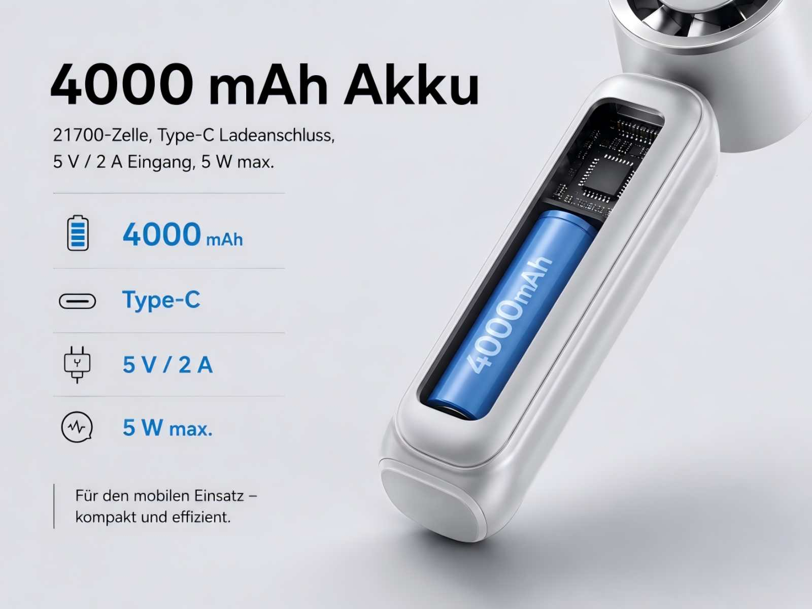 Ein 4000 mAh Akku mit Typ-C-Anschluss, 5V/2A Eingang, 5W max.