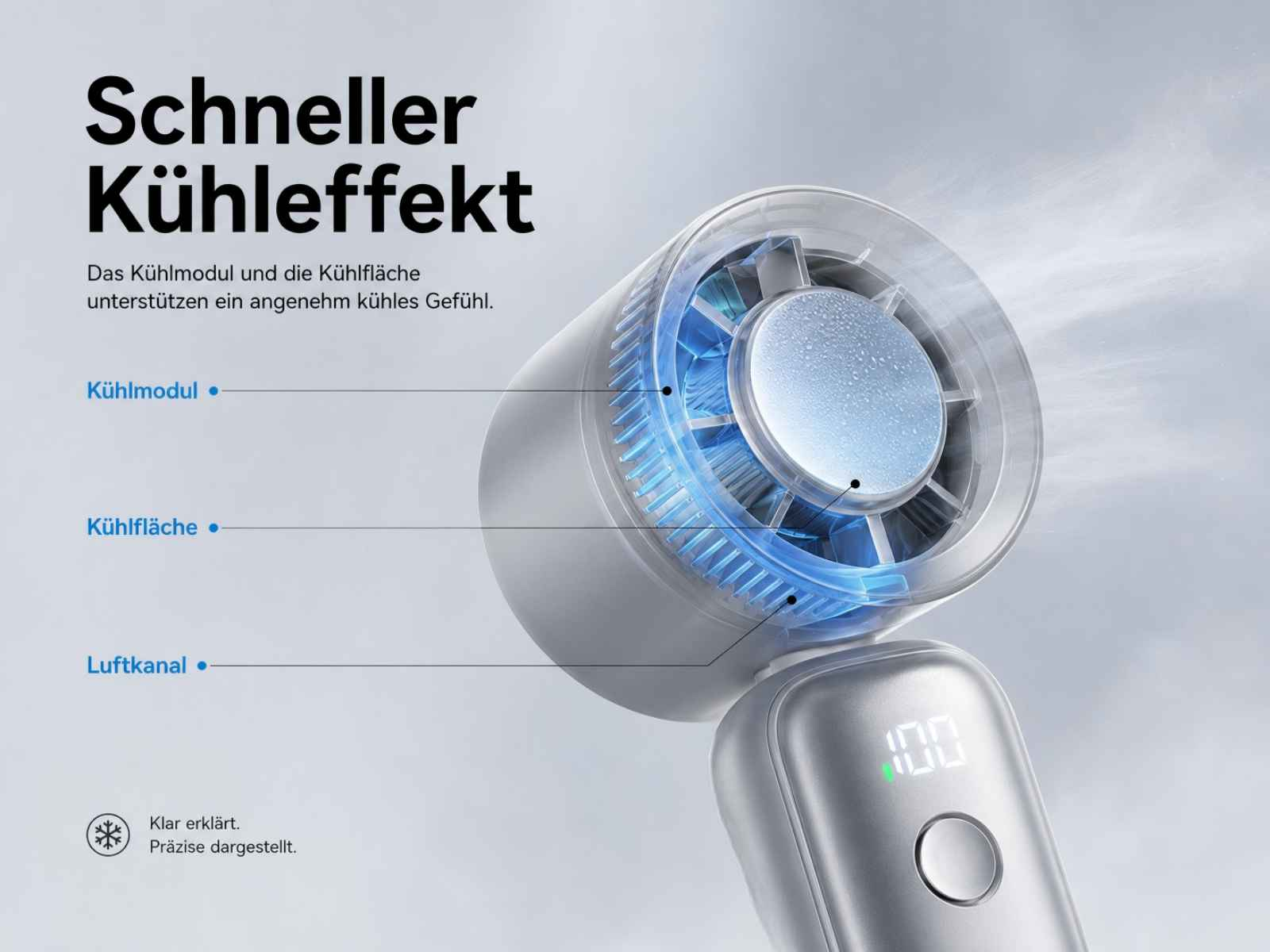 Ein silberner Lüfter mit blauen Lichtern, der kühle Luft ausstößt.