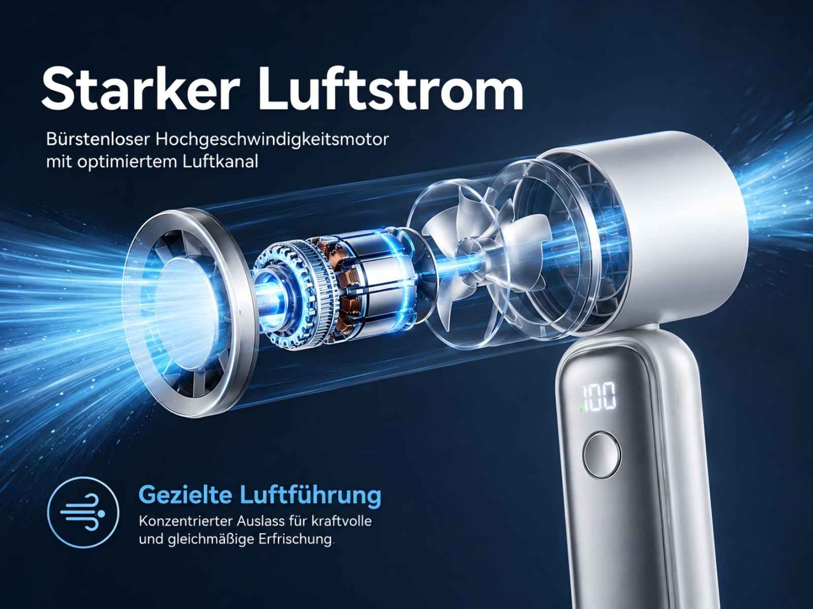Ein silberner Ventilator mit sichtbarem Motor und Rotor, der blauen Luftstrahl erzeugt.