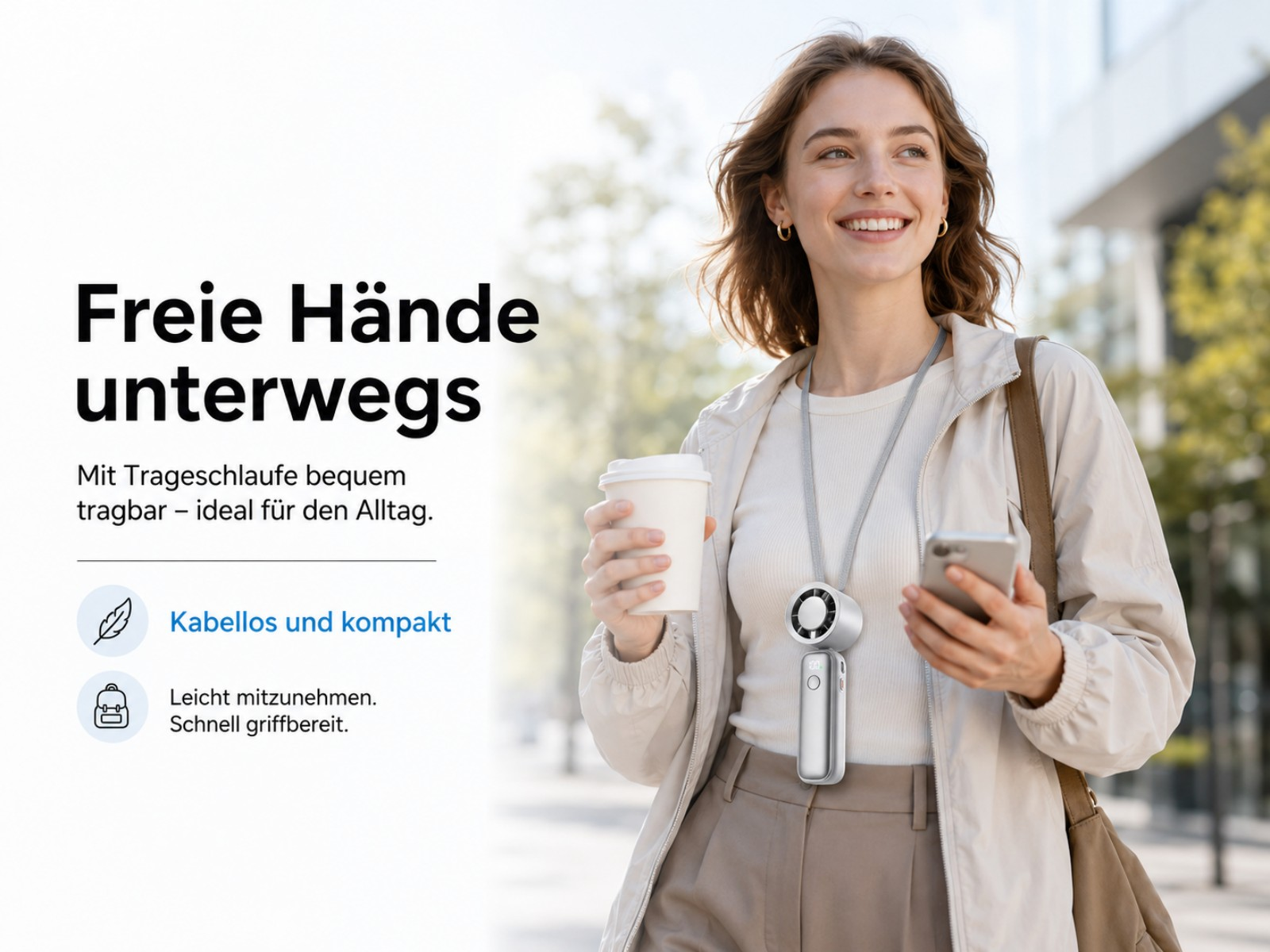 Frau mit Kaffee und Handy trägt einen silbernen Ventilator am Hals.