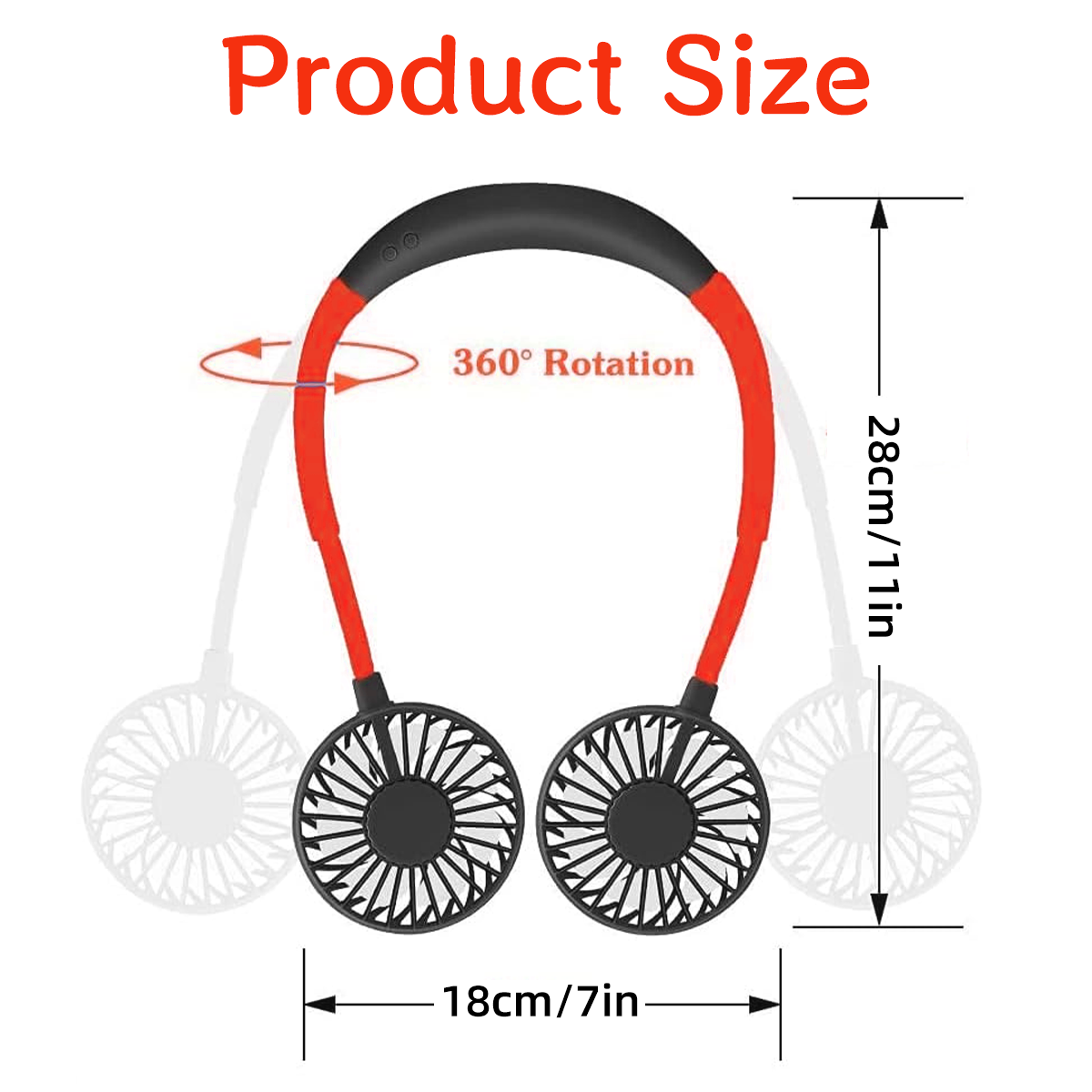 Nackenventilator mit 2 Lüftern, rot/schwarz, 28cm hoch, 18cm breit.