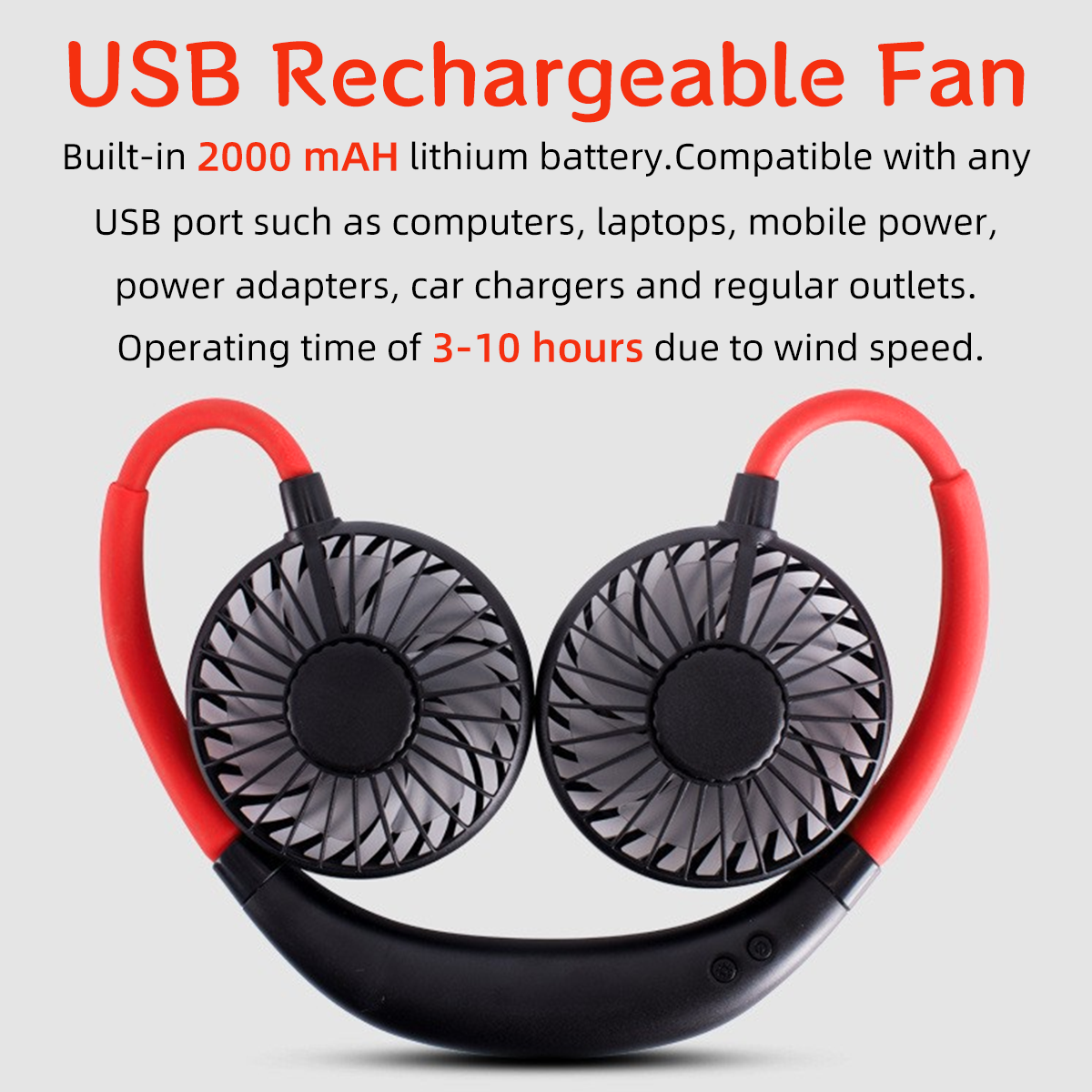 Ein USB-Nackenventilator mit zwei Lüftern, rot und schwarz.