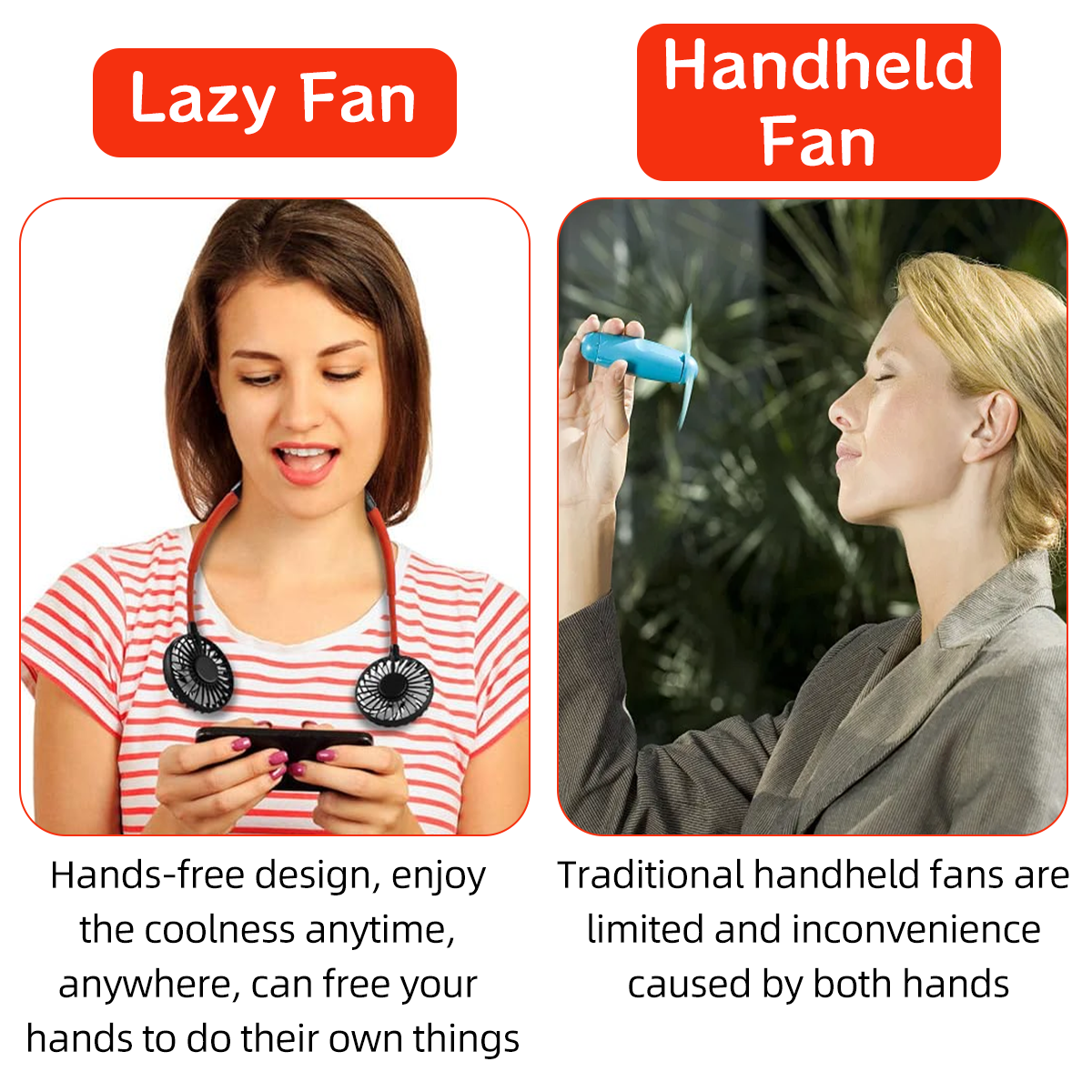 Frau mit Nackenventilator und Handy; Frau mit Handventilator im Freien.