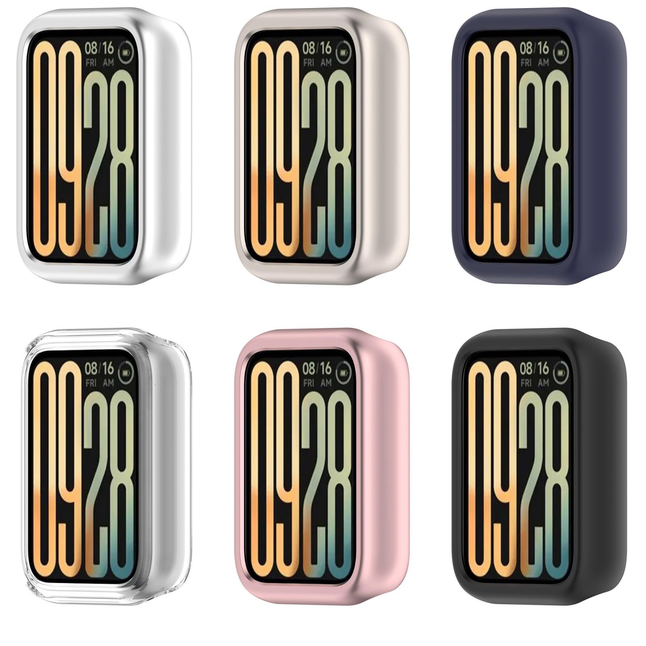 Sechs Smartwatch-Schutzhüllen in verschiedenen Farben: Silber, Beige, Dunkelblau, Klar, Rosa, Schwarz.