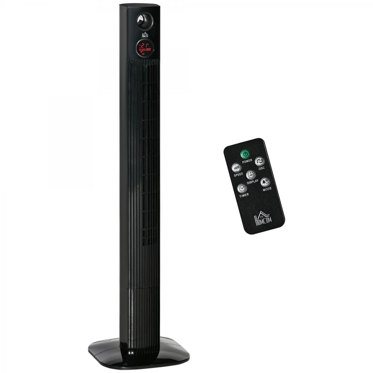 Schwarzer Turmventilator mit Fernbedienung auf weißem Hintergrund.
