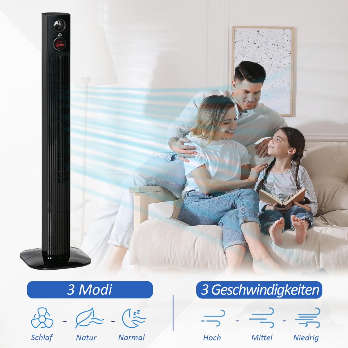 Ein schwarzer Turmventilator kühlt eine Familie auf einem Sofa ab.