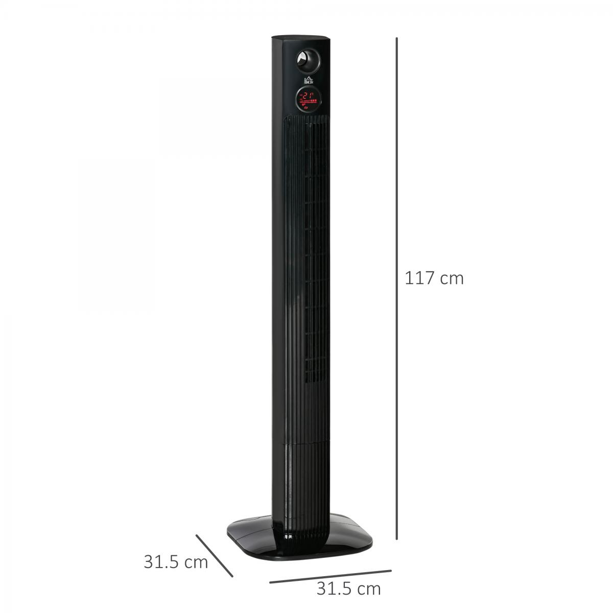Schwarzer Turmventilator mit digitaler Anzeige und Maangaben.