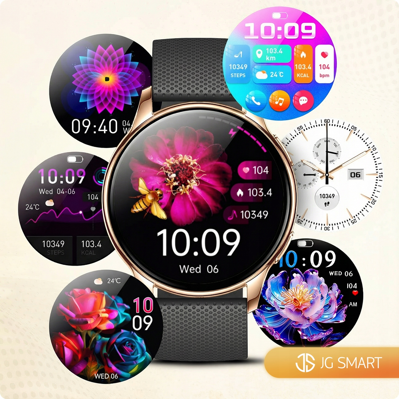 Nowoczesny wyświetlacz smartwatch z różnymi tarczami i kwiatowymi wzorami.