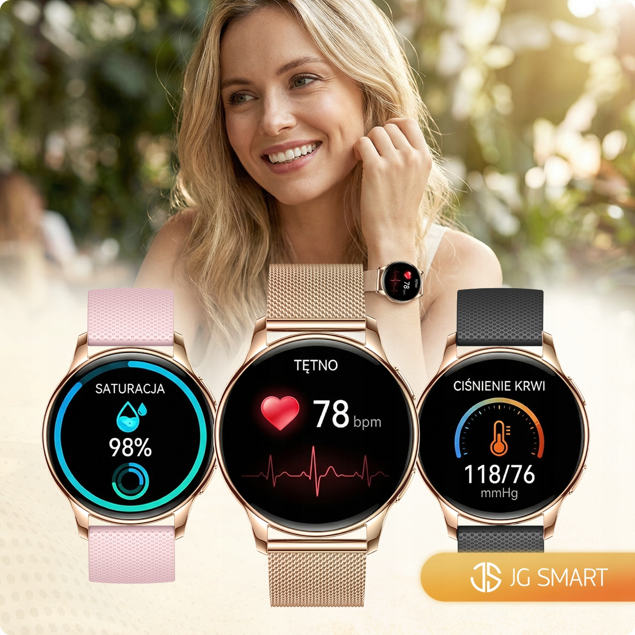 Uśmiechnięta kobieta z trzema smartwatchami: saturacja 98%, tętno 78 bpm, ciśnienie 118/76.