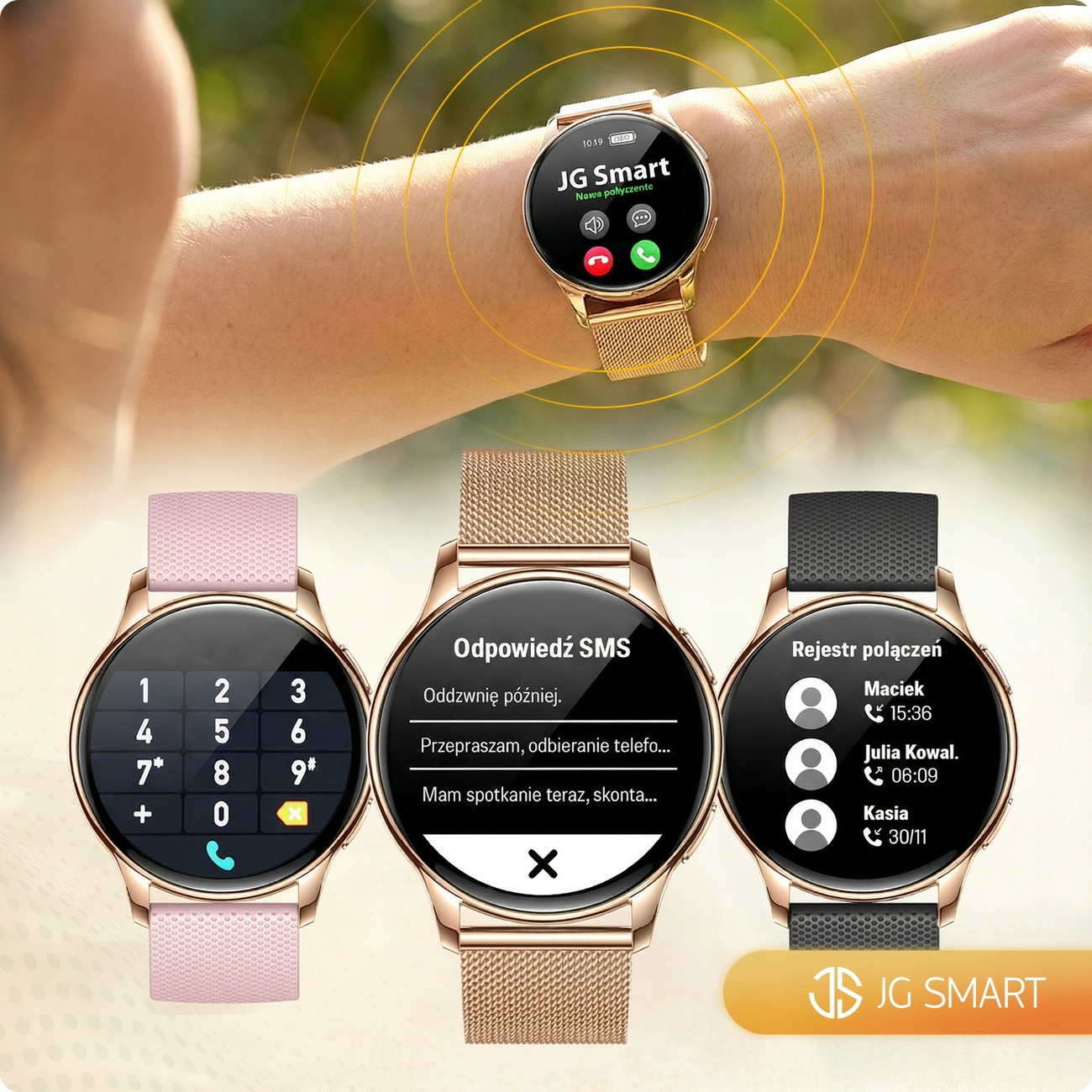 Trzy zegarki smartwatch w kolorze różowego złota z różnymi tarczami i paskami.