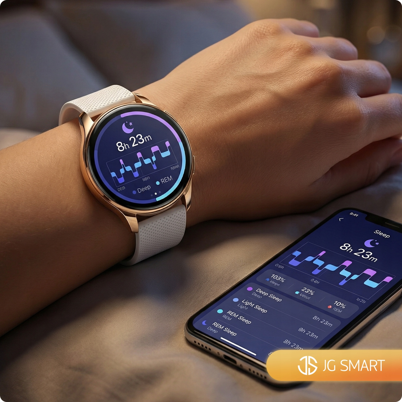 Smartwatch i telefon wyświetlają dane o śnie: 8h 23m całkowitego snu.