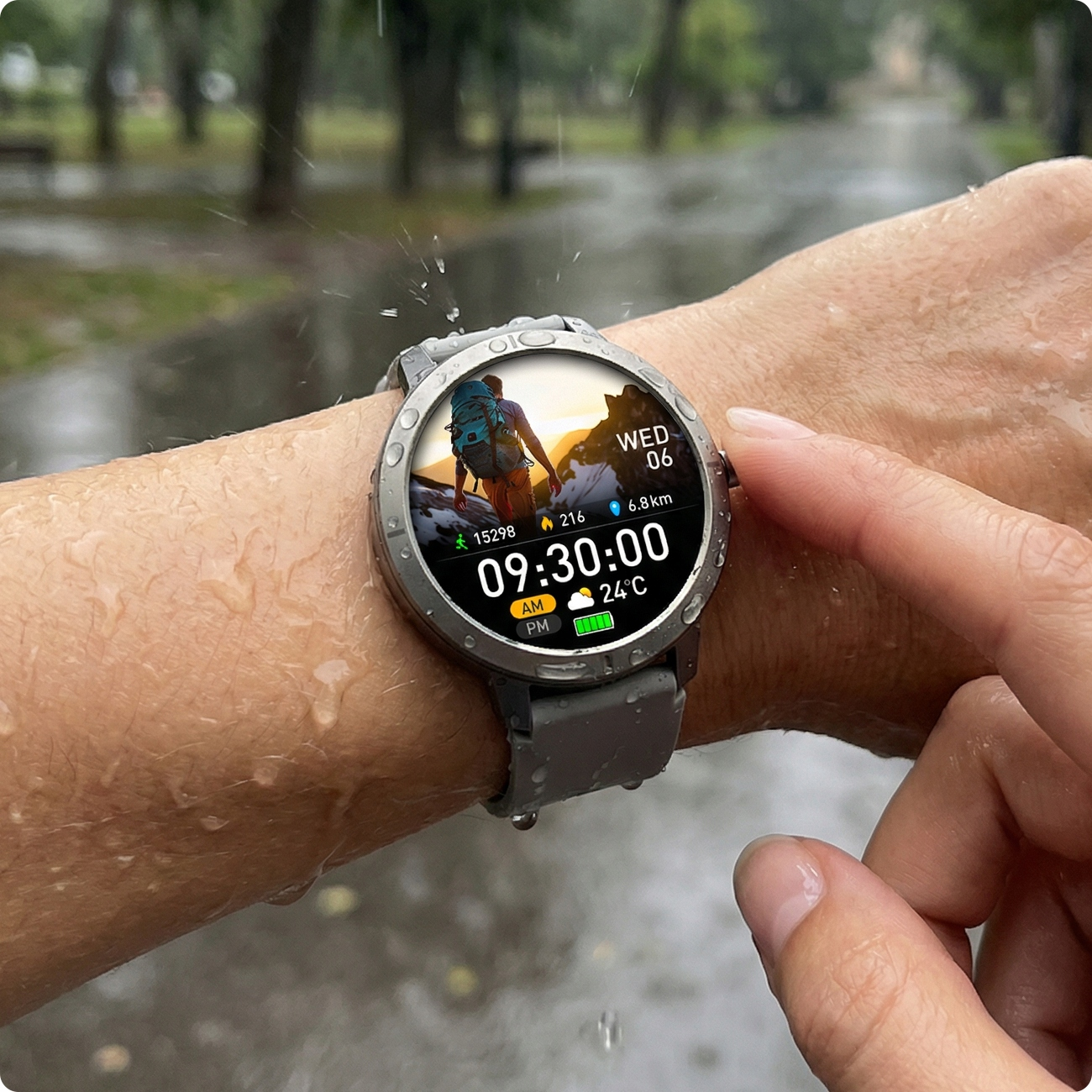 Szary smartwatch na nadgarstku w deszczu. Wyświetla turystę na górze.