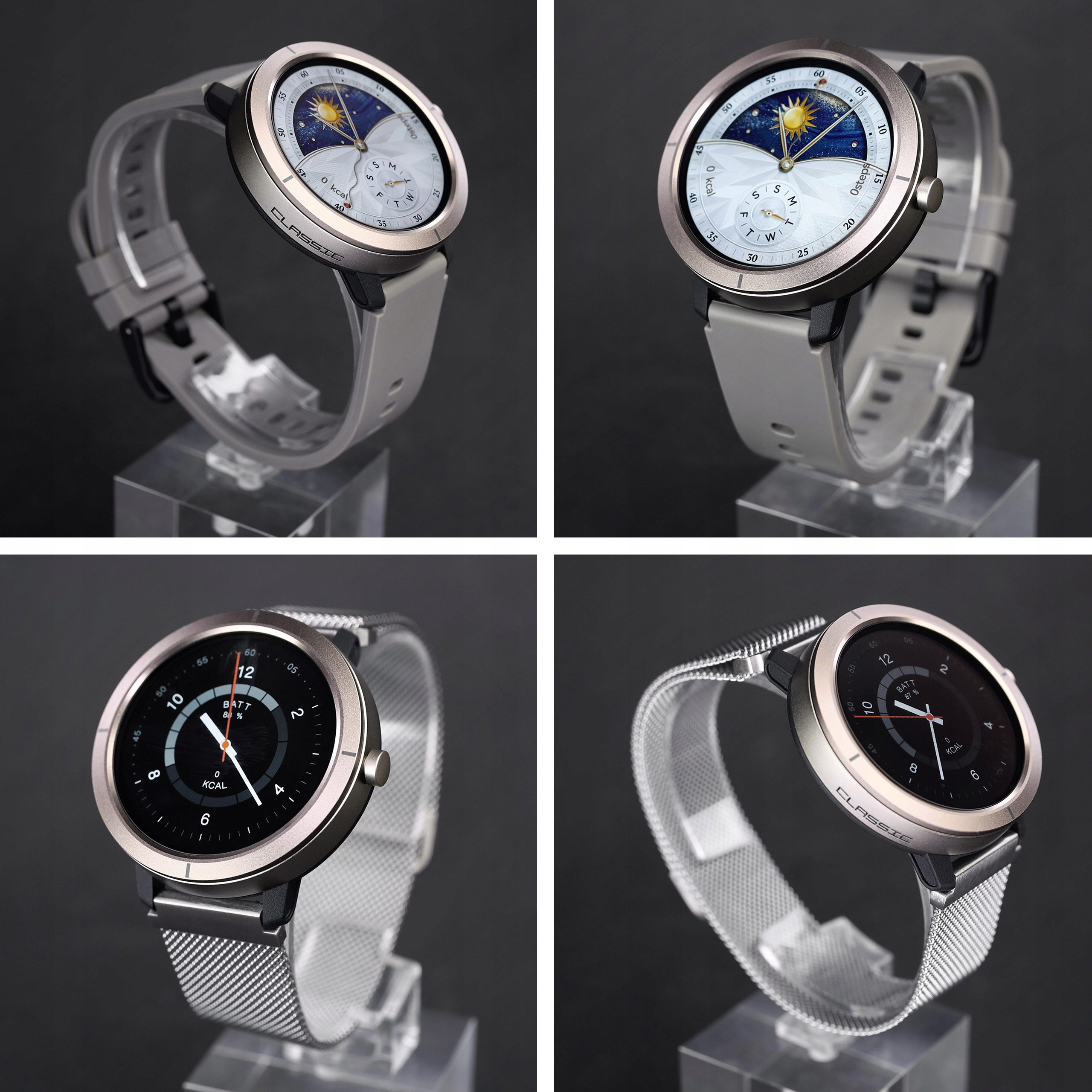 Smartwatch z szarym paskiem i ikoną słońca na wyświetlaczu.