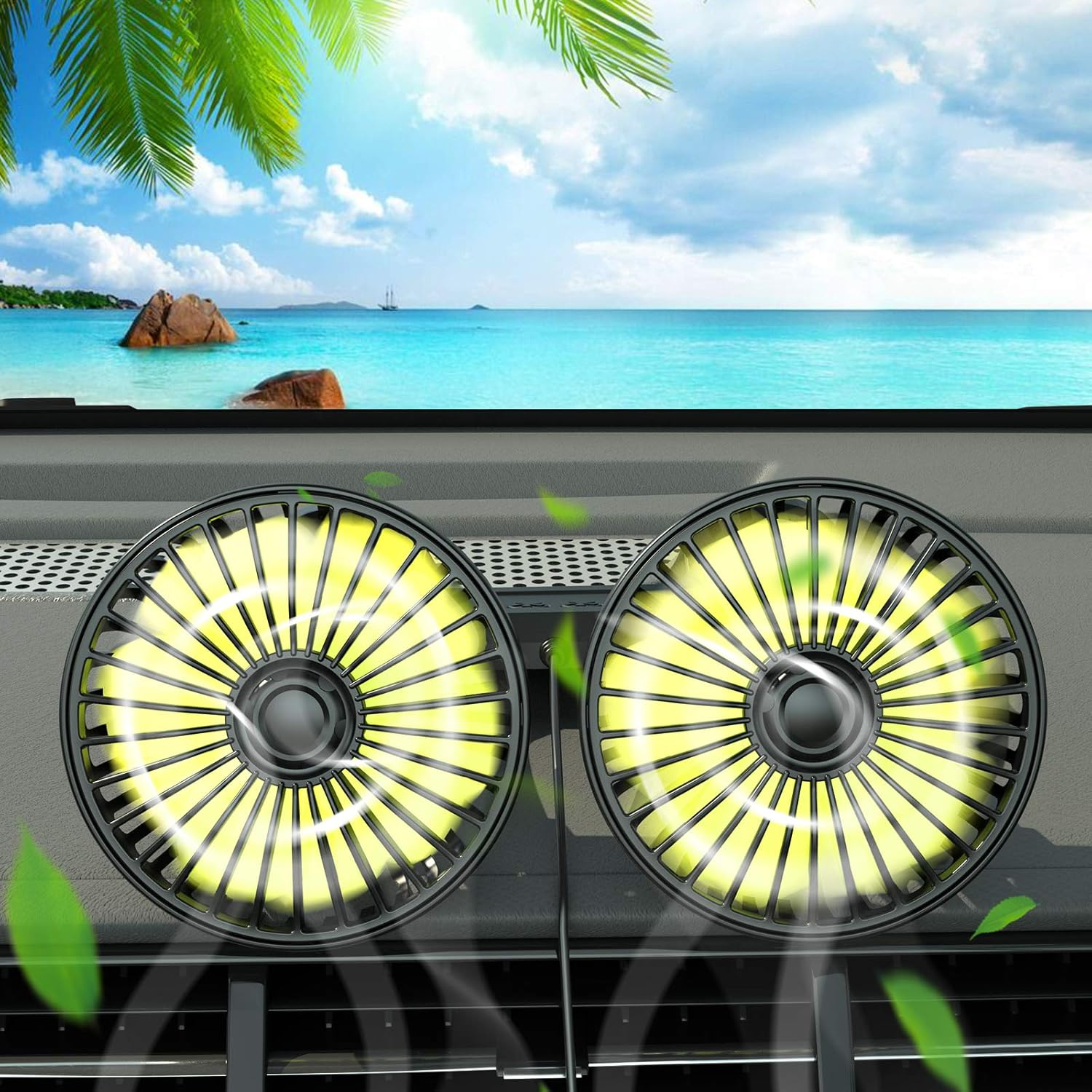 Zwei gelbe Lüfter auf einem Armaturenbrett mit Blick auf das Meer.