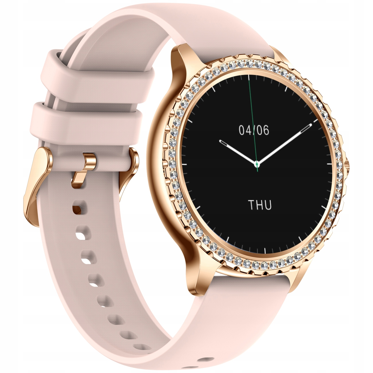 Różowy smartwatch ze złotą kopertą i wysadzanym cyrkoniami bezelem.