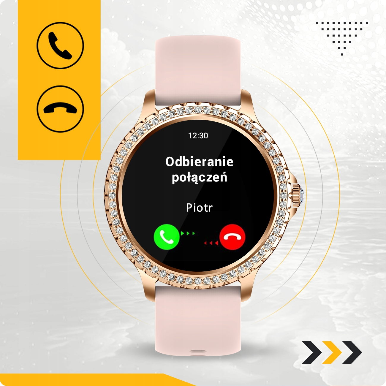 Różowy smartwatch wyświetlający ekran połączenia przychodzącego od Piotra, z ikonami odbioru/odrzucenia.