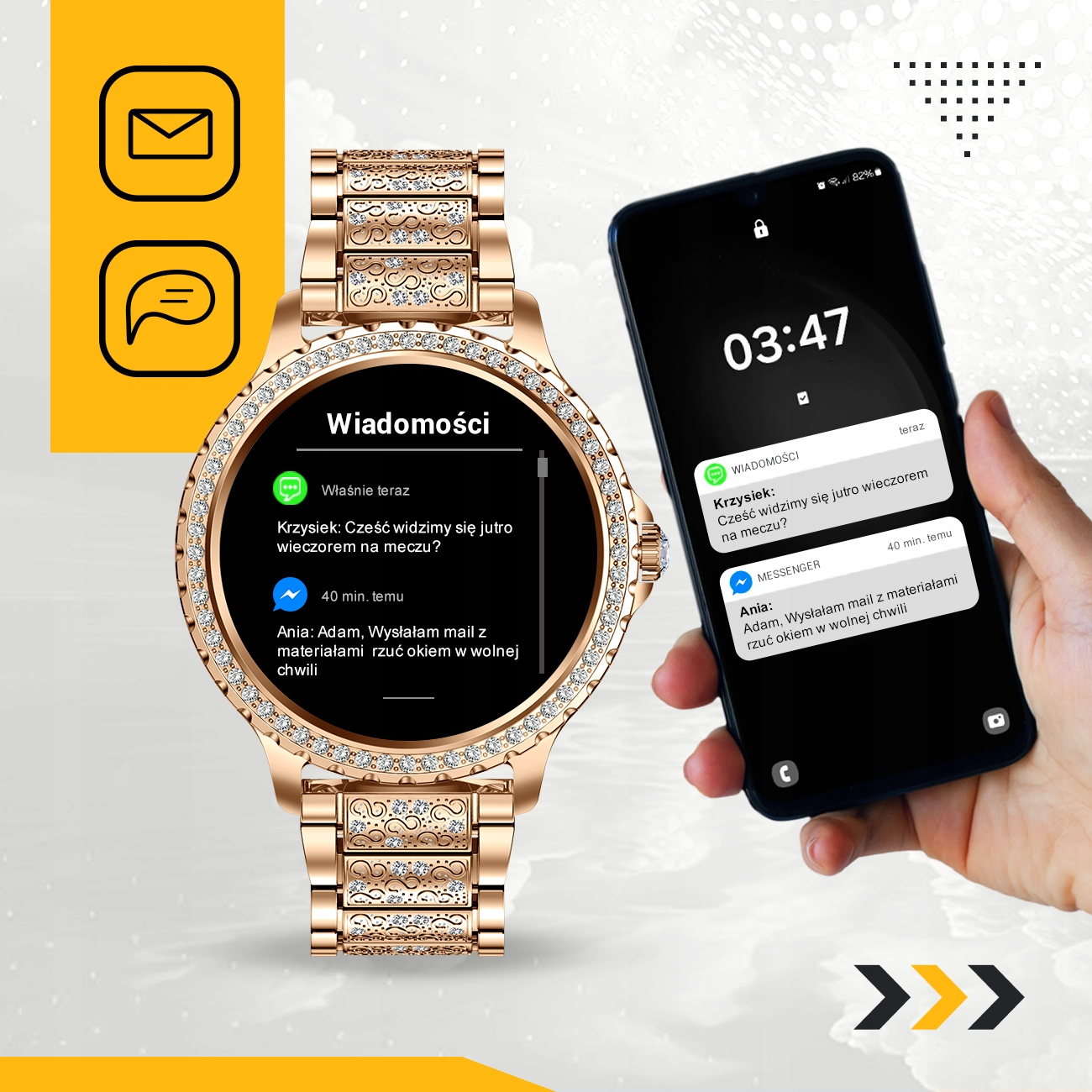 Złoty smartwatch i smartfon wyświetlają wiadomości. Zegarek pokazuje 'Wiadomości', telefon '03:47'.