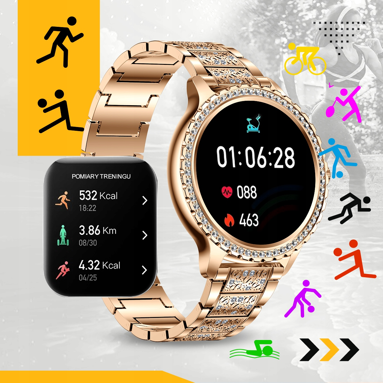 Złoty smartwatch wyświetlający dane treningowe i ikony sportowe.
