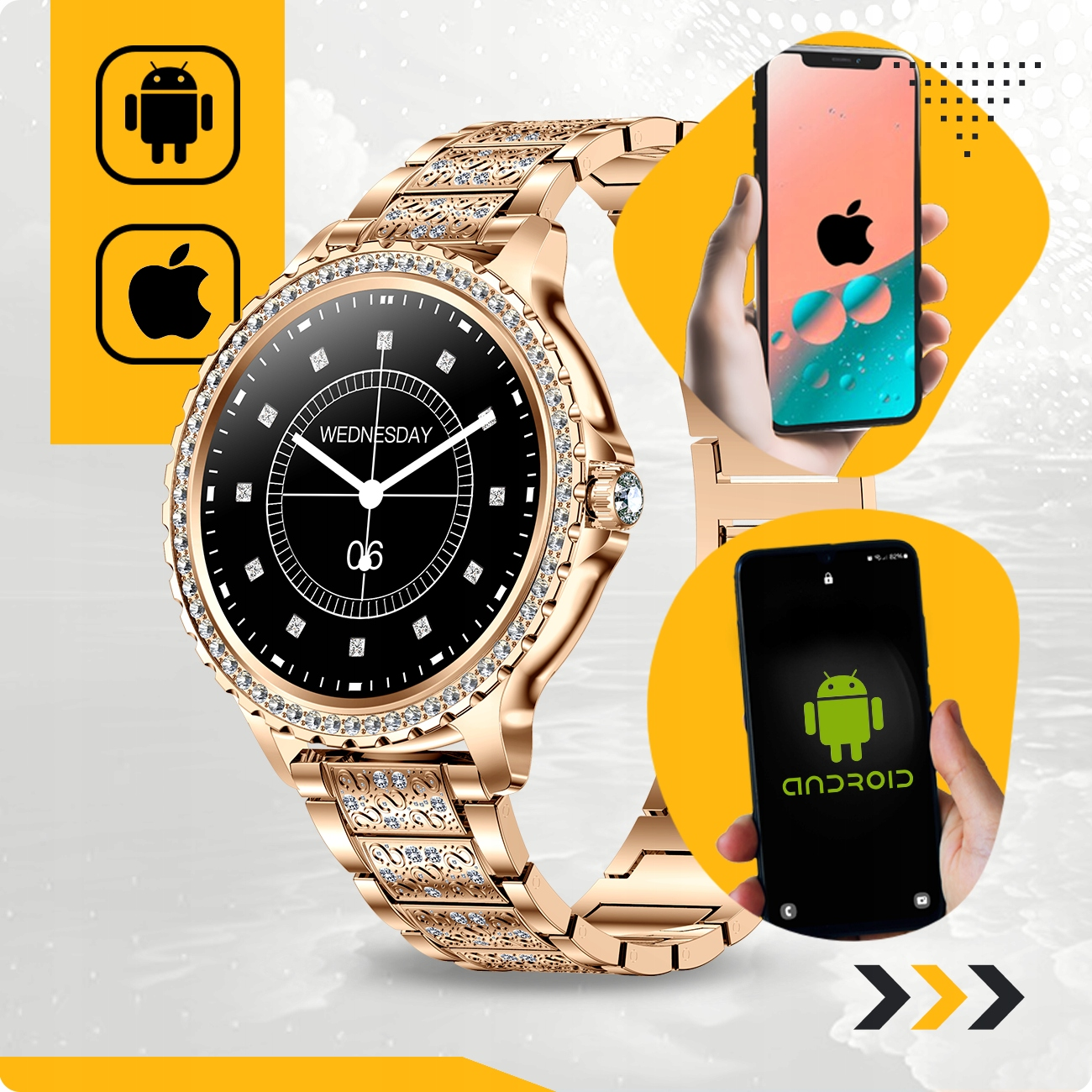 Złoty smartwatch z diamentami wyświetla logo Android i Apple.