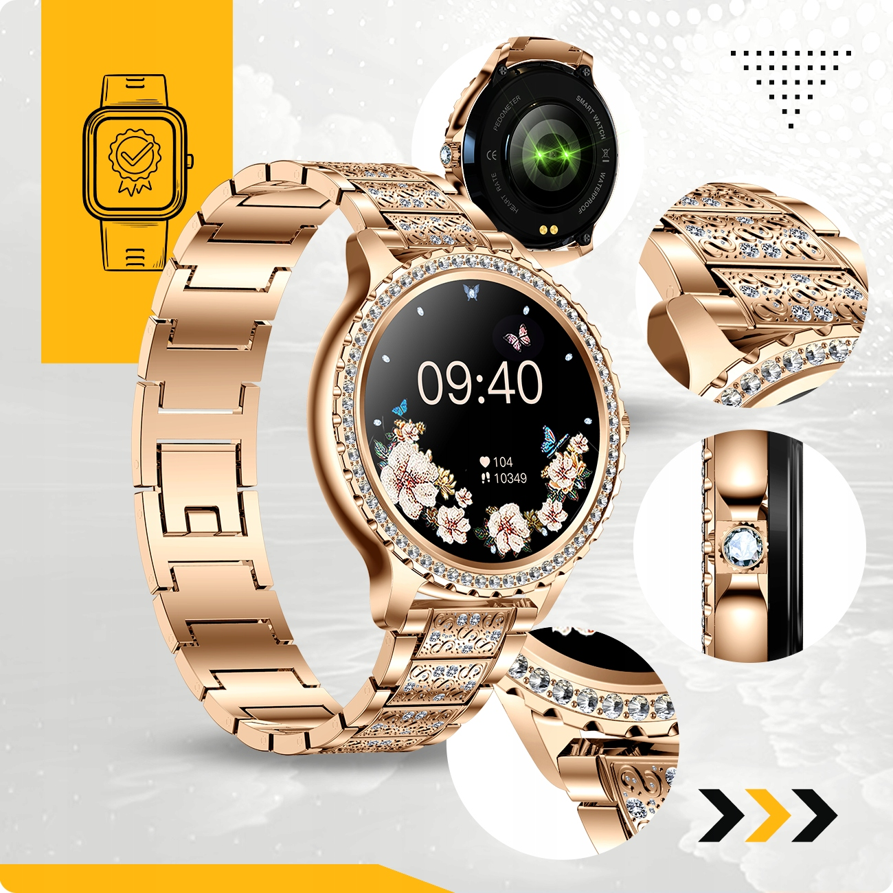 Smartwatch w kolorze różowego złota z błyszczącą bransoletą i kwiatowym cyferblatem.
