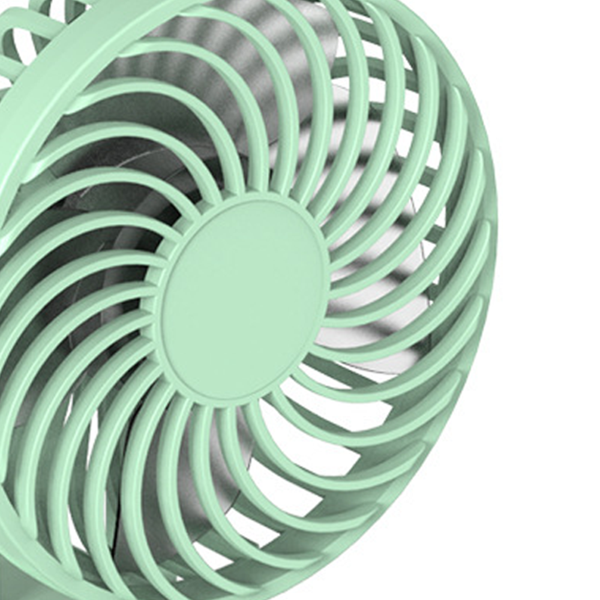 Ein grüner Ventilator mit Rotorblättern und Schutzgitter.