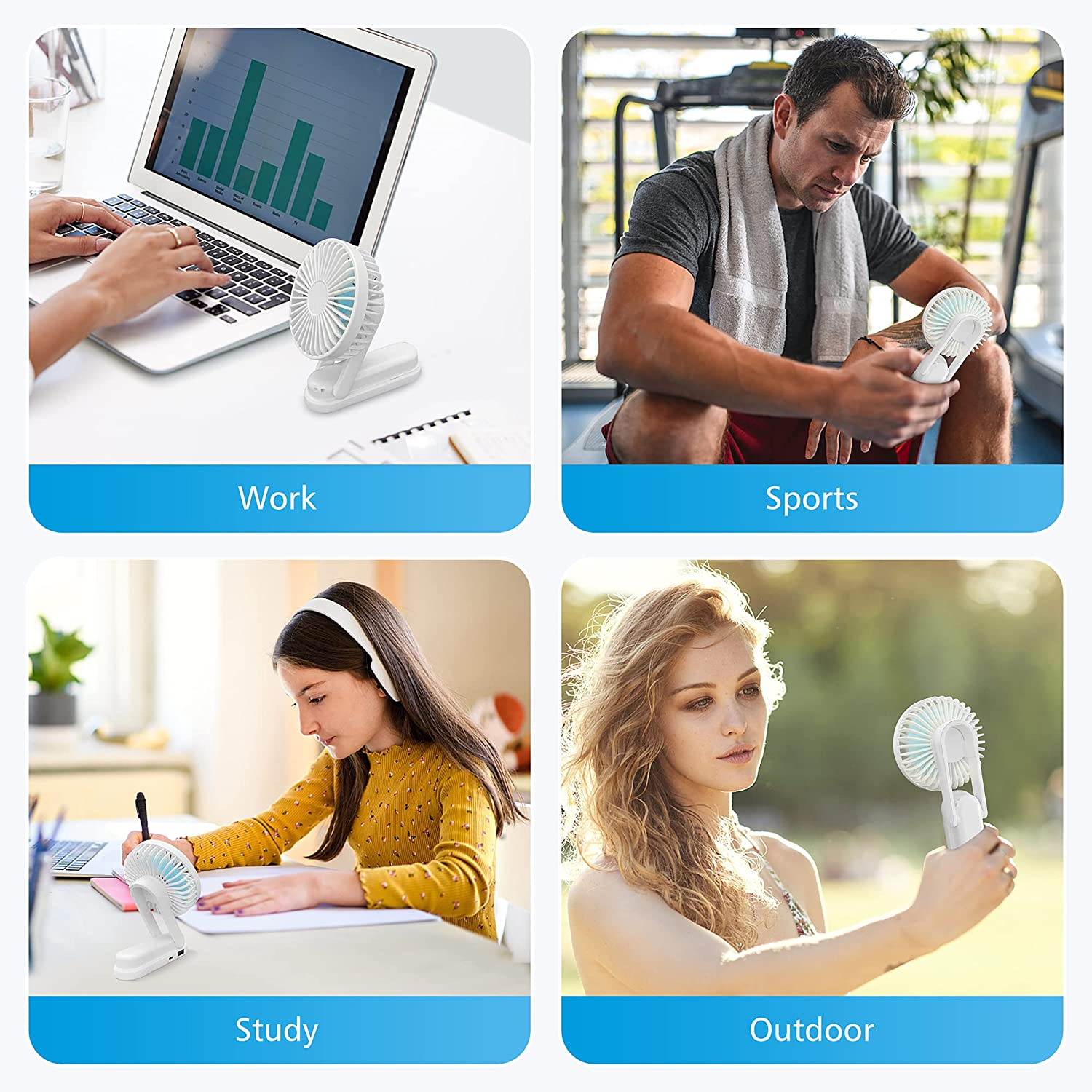 Vier Szenen zeigen einen tragbaren Lüfter: Arbeit am Laptop, Sport, Studium und Outdoor.