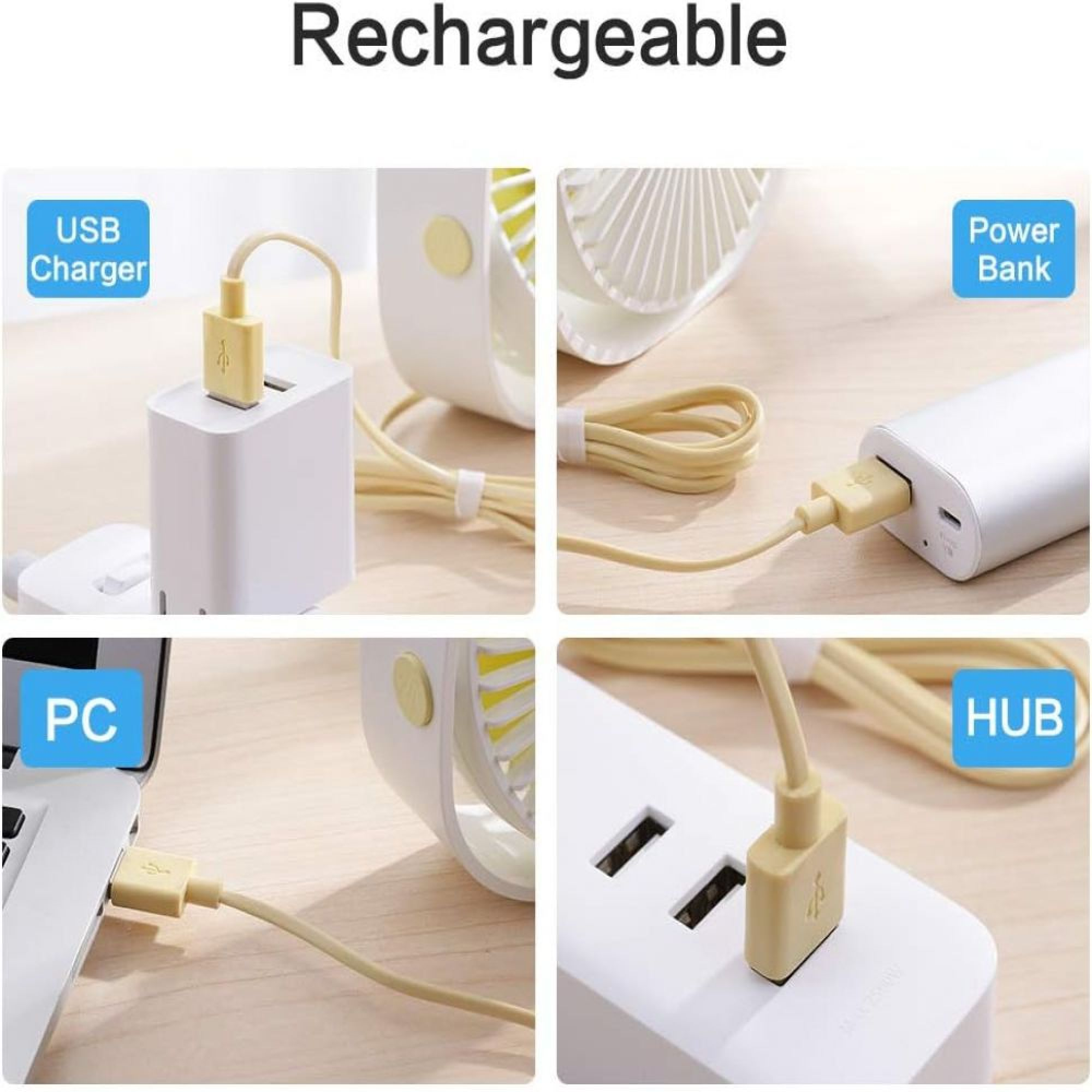 Vier Bilder zeigen USB-Geräte: Ladegerät, Powerbank, PC und Hub mit gelbem Kabel.