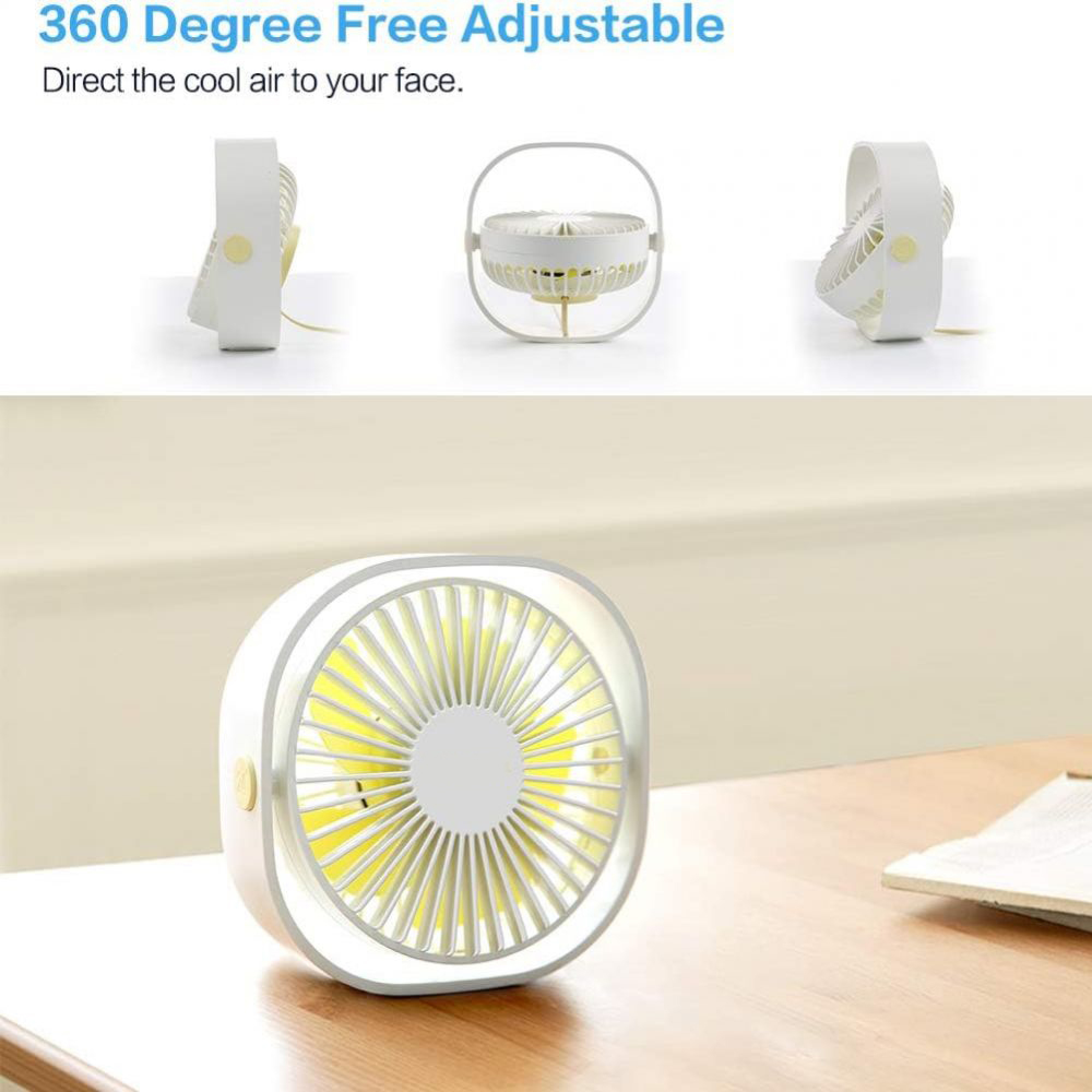 Ein kleiner weißer Ventilator mit gelben Rotorblättern steht auf einem Holztisch.