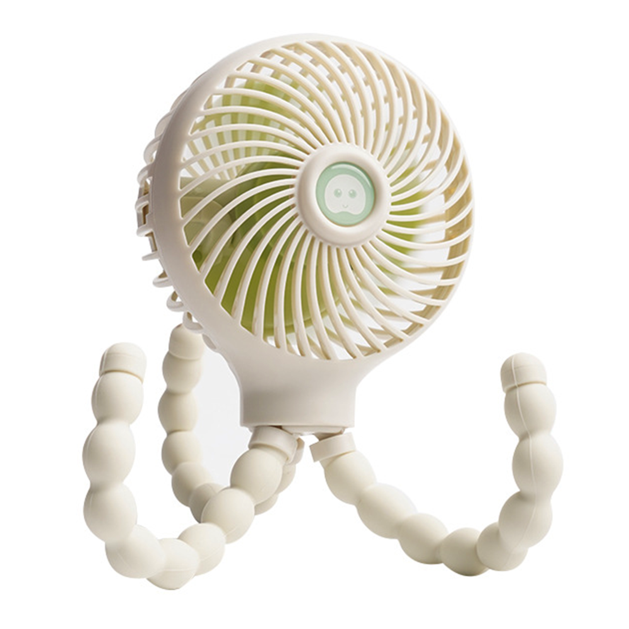 Ein weißer Ventilator mit biegsamen Beinen und einem niedlichen Gesicht auf dem Gitter.