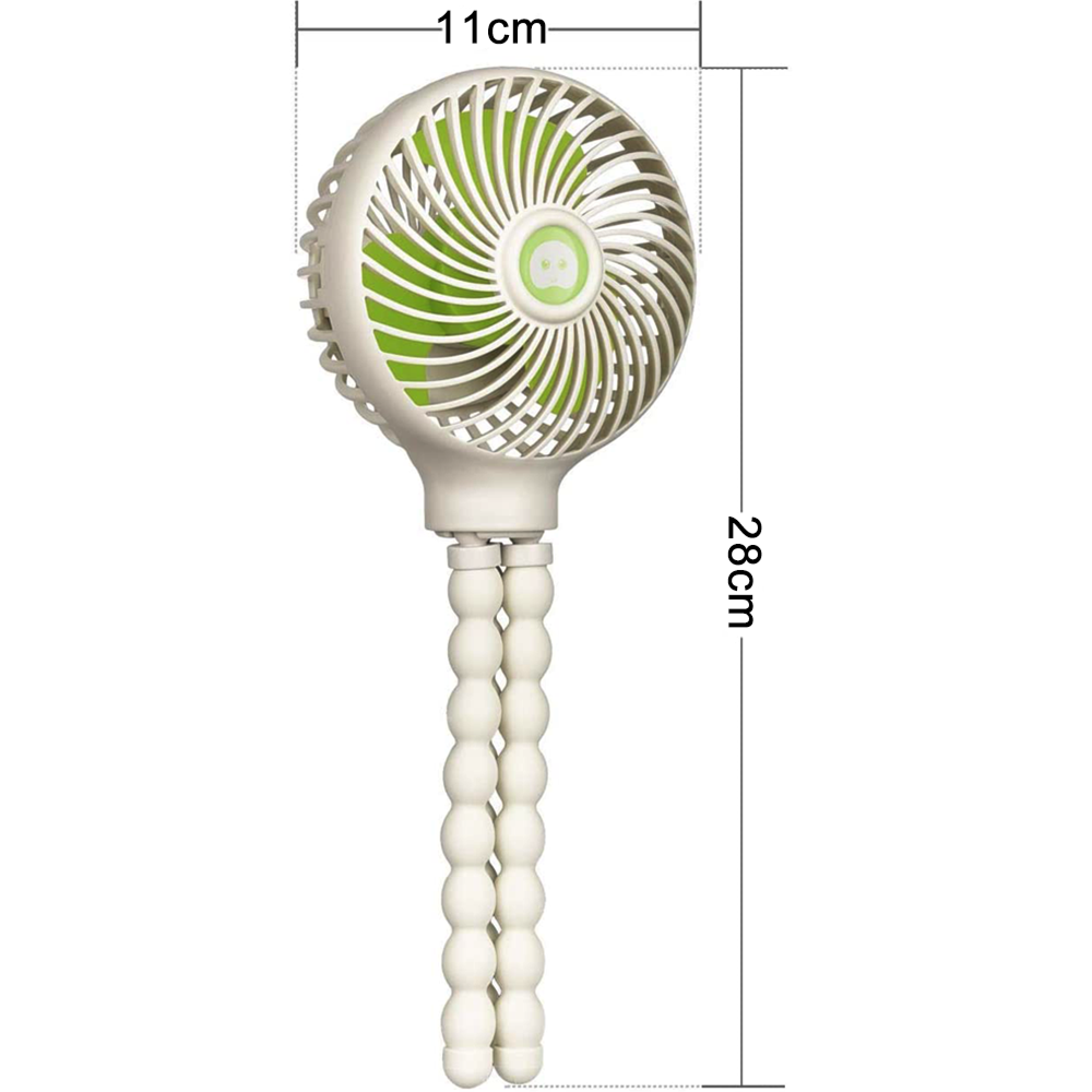 Ein weißer Handventilator mit flexiblem, kugelförmigem Ständer. Maße sind angegeben.
