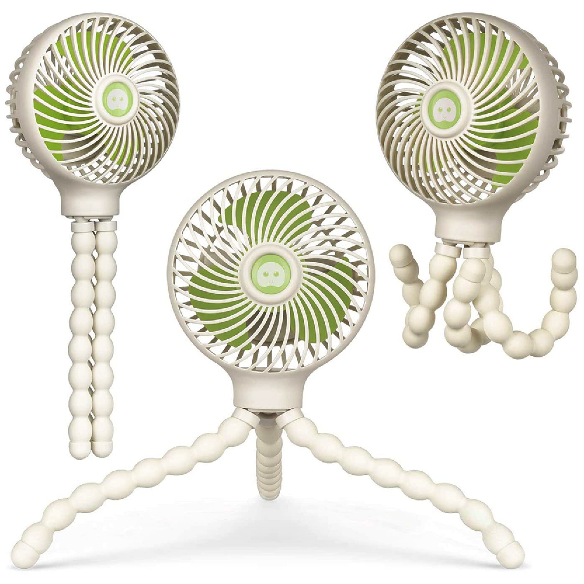 Drei weiße Ventilatoren mit grünen Rotorblättern und biegsamen Beinen.