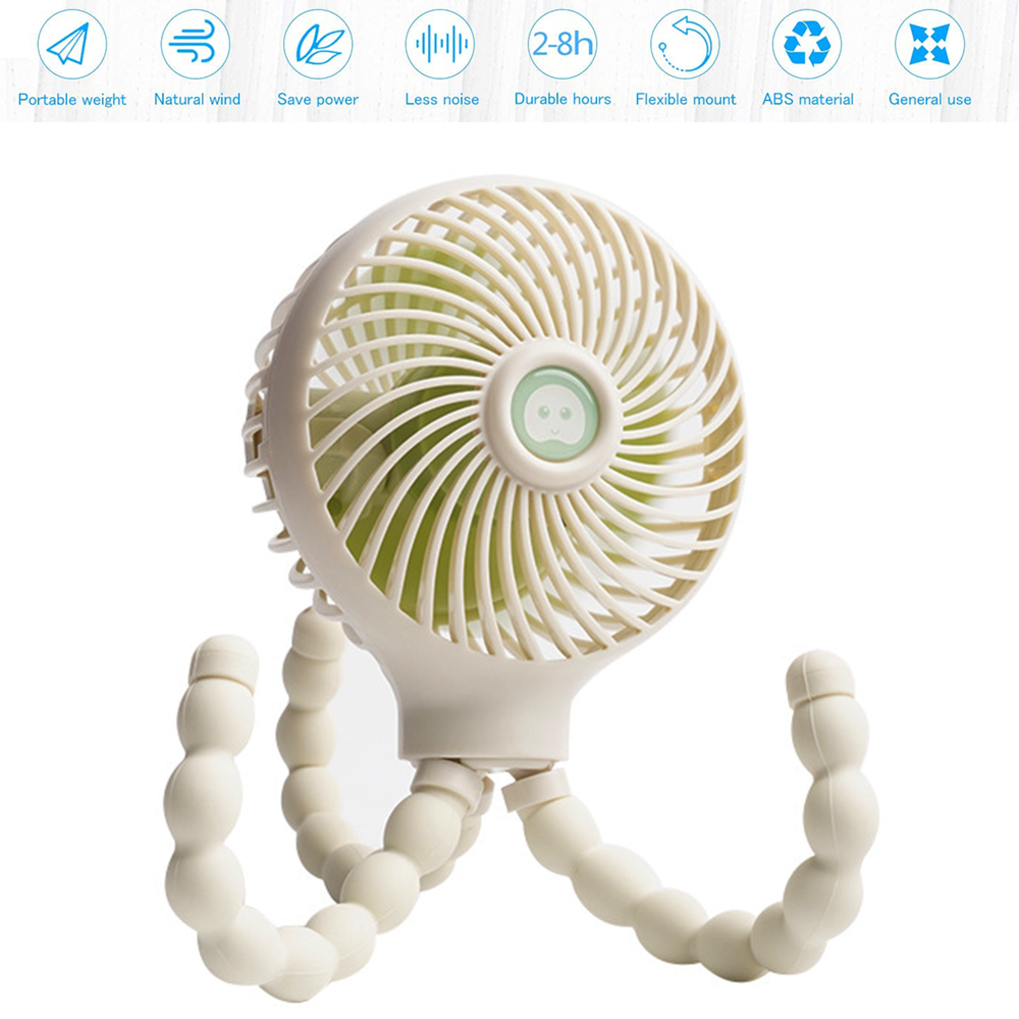 Ein kleiner, weißer Ventilator mit biegsamen Beinen und einem niedlichen Gesicht.