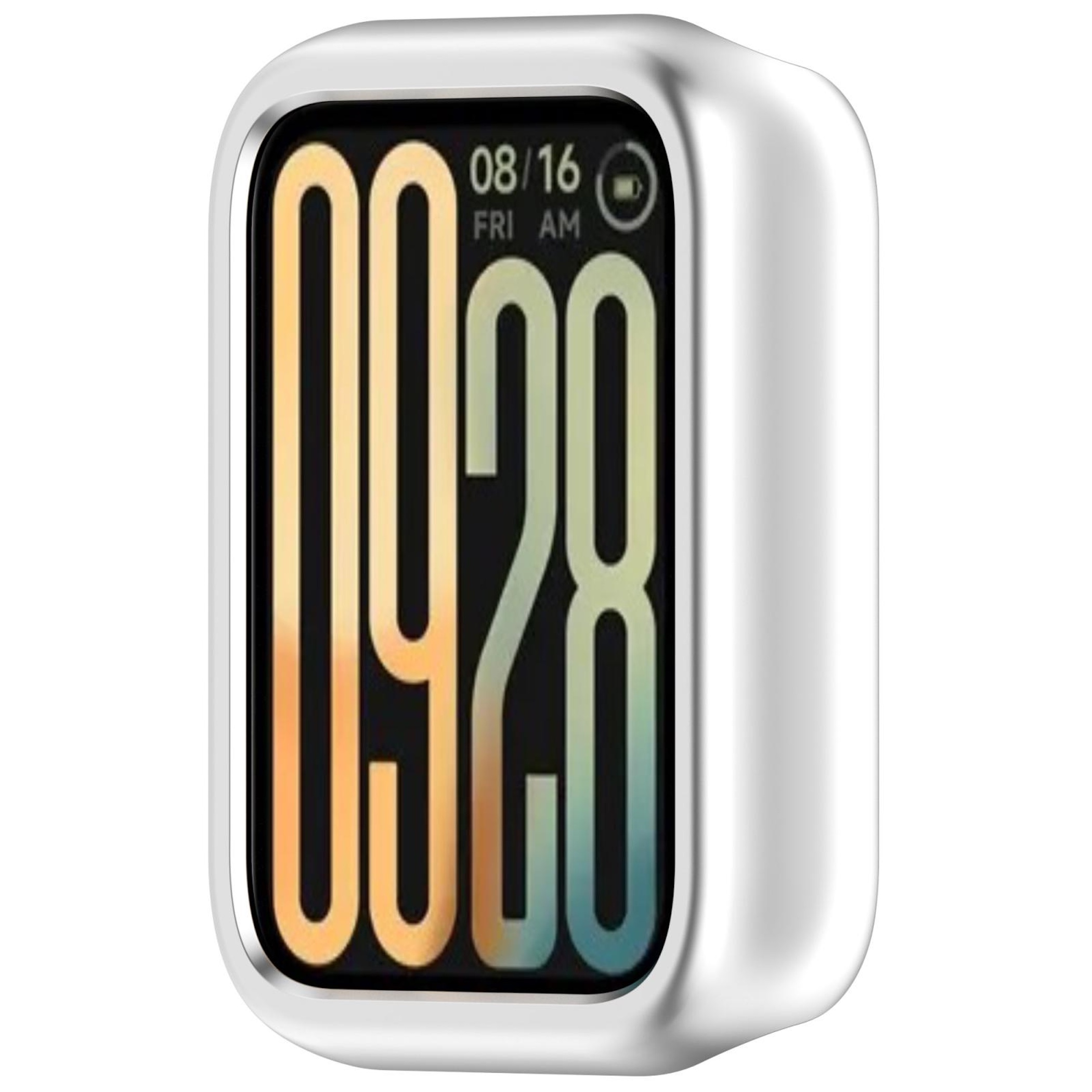 Silberfarbenes Smartwatch-Gehäuse mit digitaler Anzeige 09:28