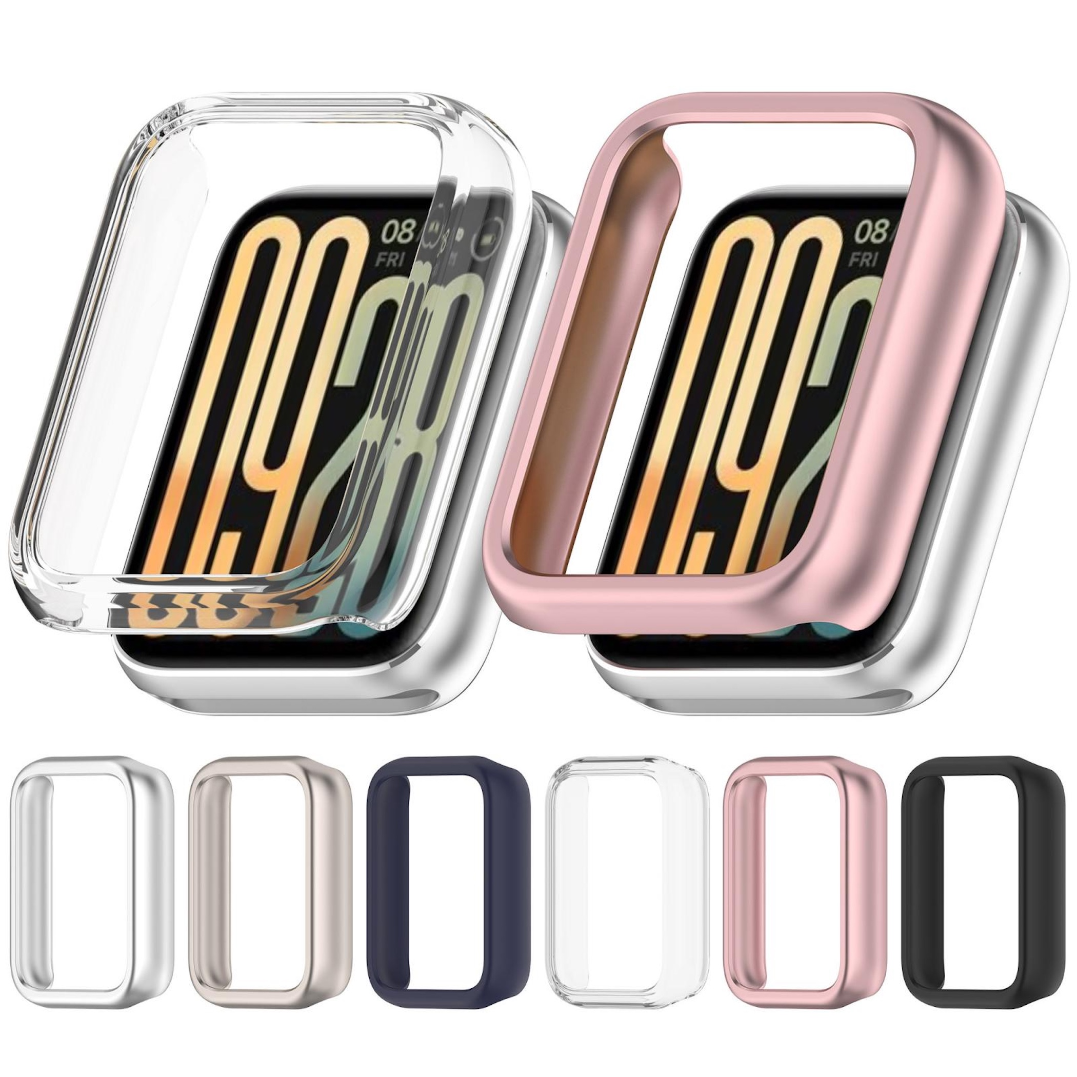 Verschiedene Uhrengehäuse: klar, rosé, silber, beige, marine, schwarz.
