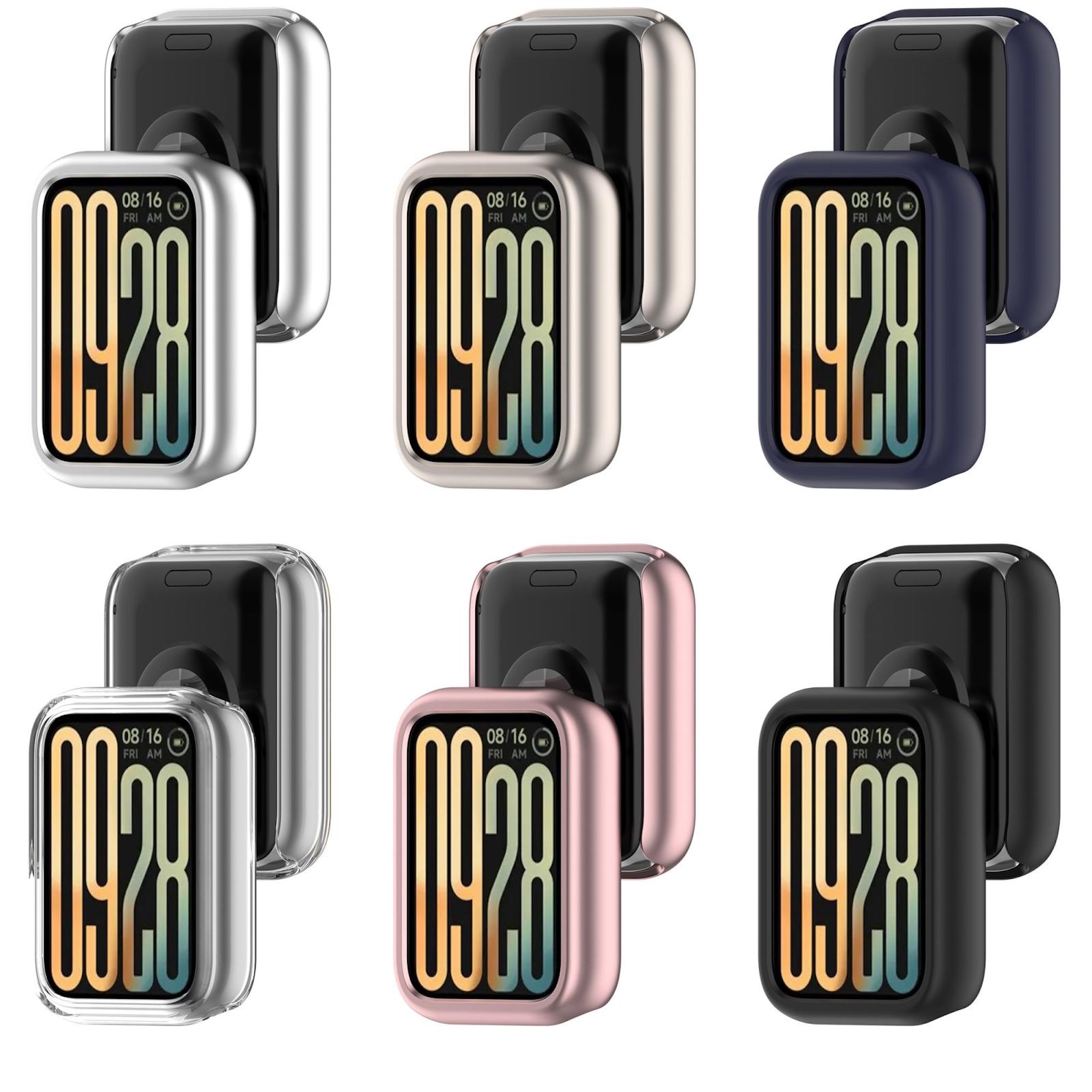 Sechs Uhrenschalen in verschiedenen Farben: Silber, Hellbraun, Dunkelblau, Transparent, Rosa und Schwarz.