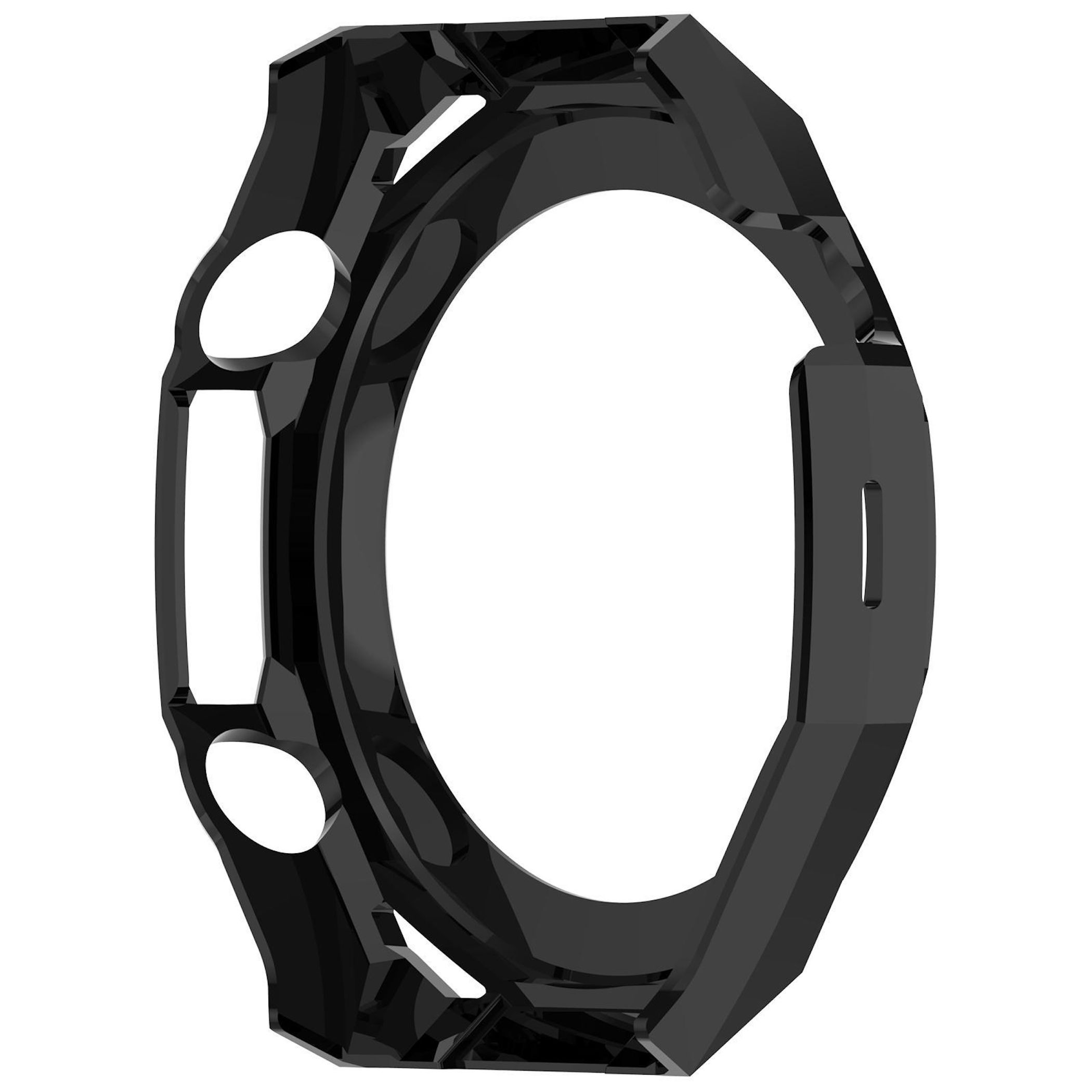Schwarzer Gehäuseschutz für Smartwatch mit Aussparungen für Knöpfe und Display.