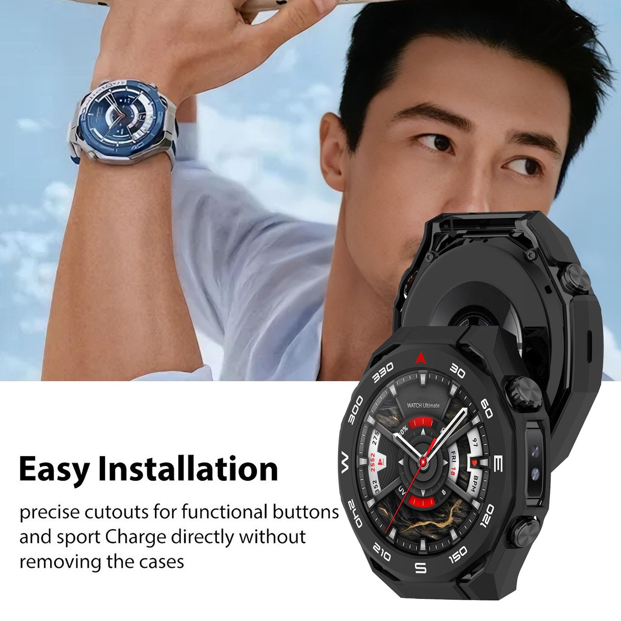 Mann trägt blaue Uhr; schwarze Smartwatch mit detailliertem Zifferblatt nah gezeigt.