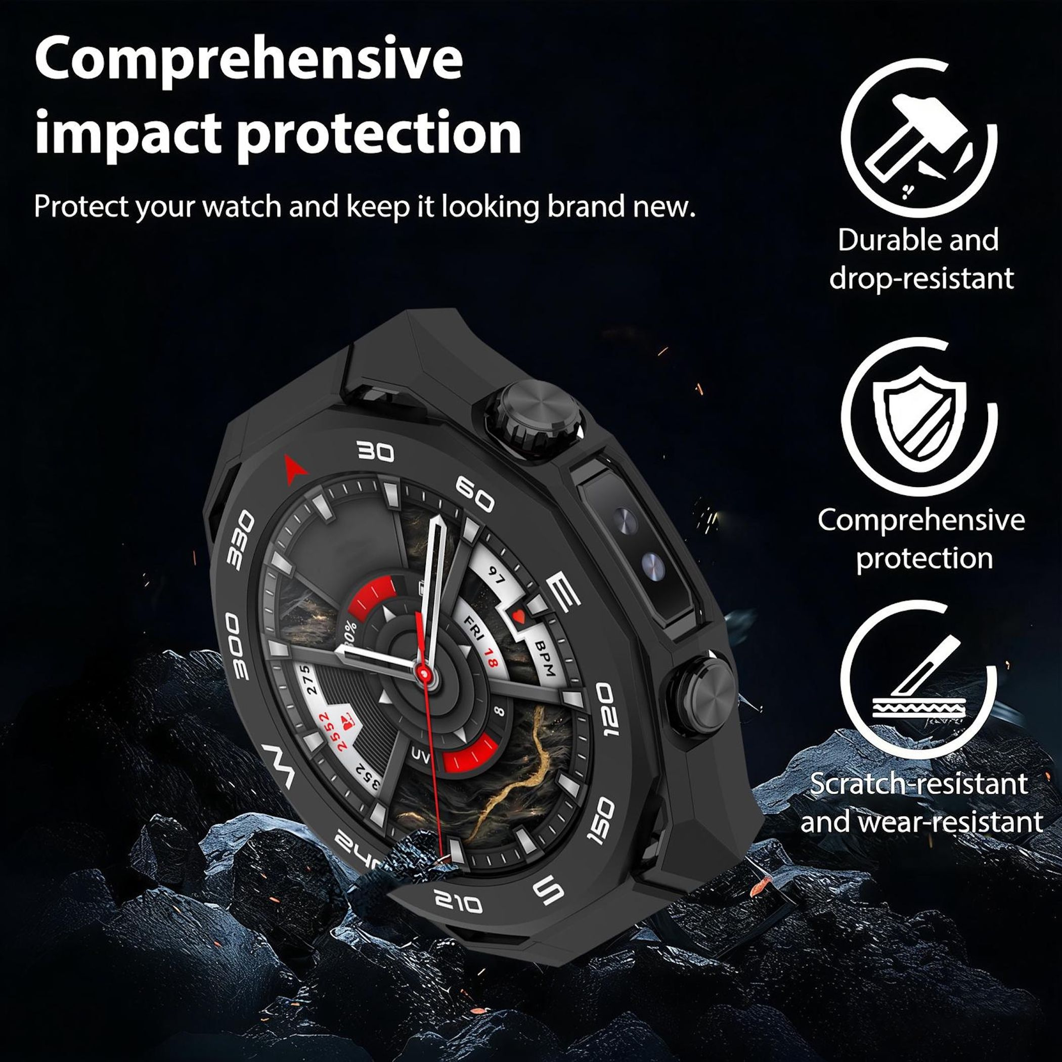 Schwarze Smartwatch auf Felsen, mit Schutzsymbolen und Text.
