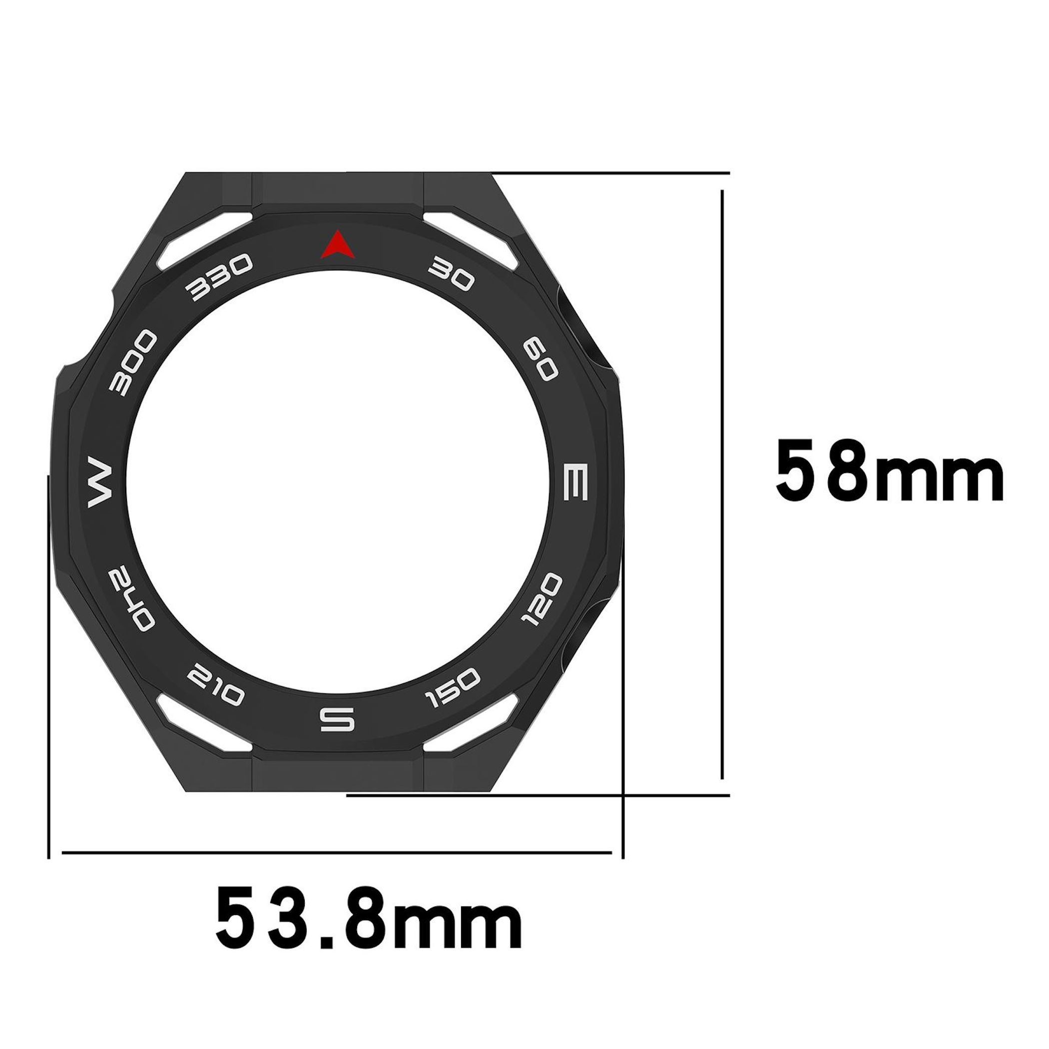 Schwarzer Lünettenring mit Grad- und Himmelsrichtungen, Maße 58mm und 53.8mm.