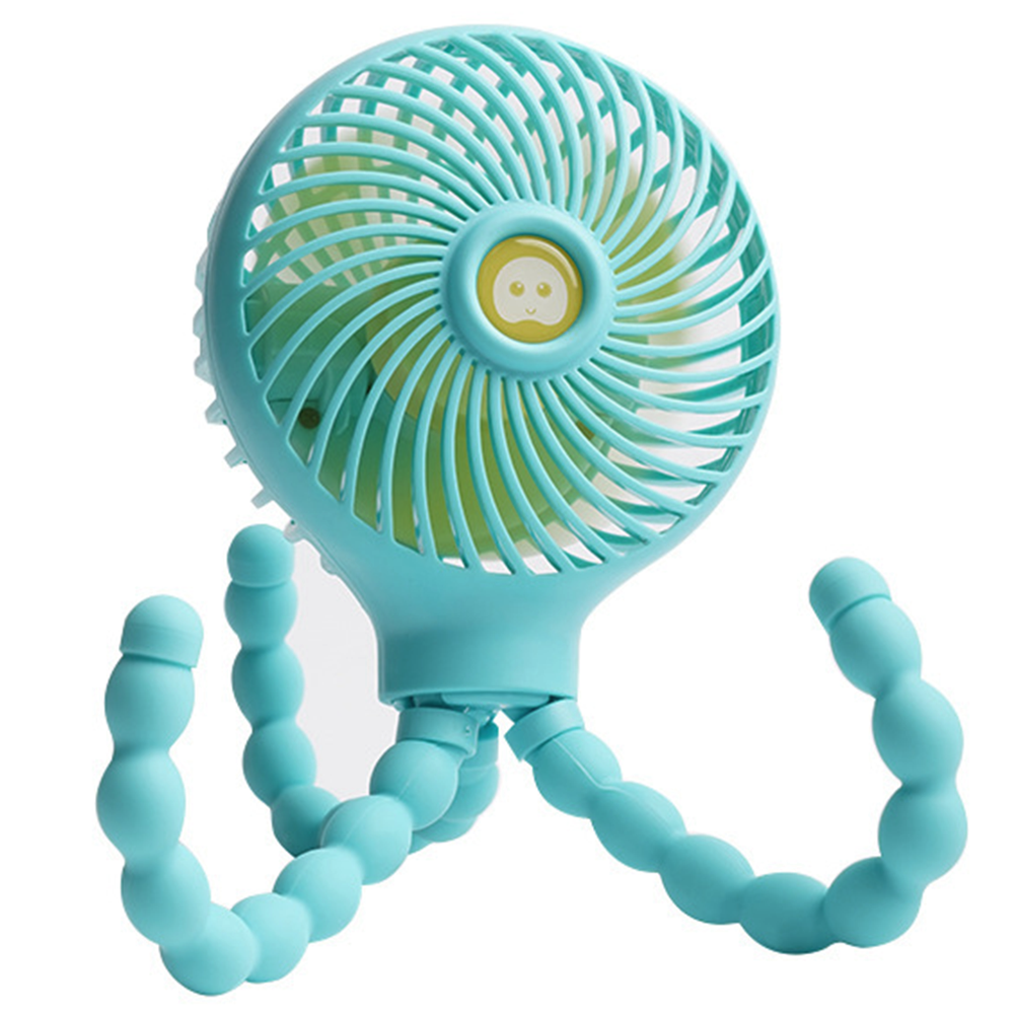 Ein türkisfarbener Ventilator mit einem niedlichen Gesicht und flexiblen Beinen.