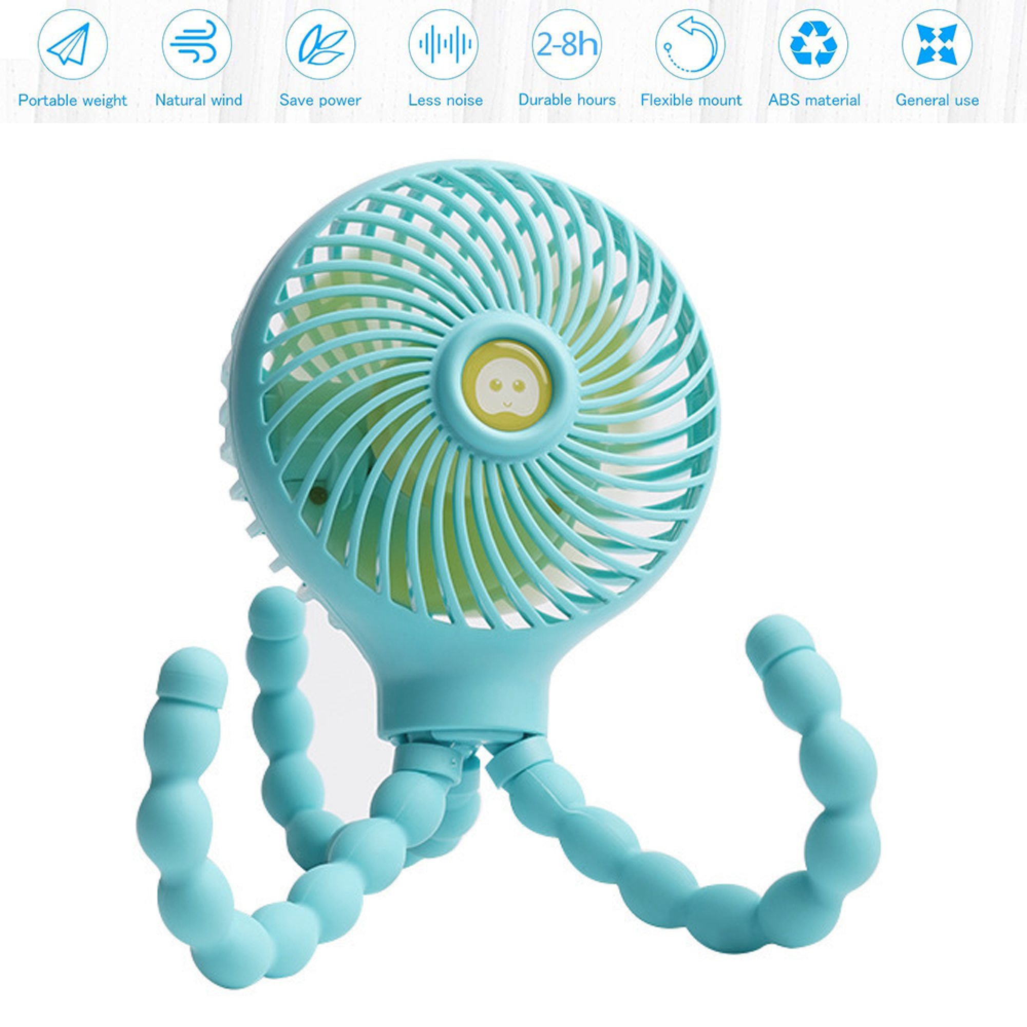 Ein hellblauer Ventilator mit flexiblen Beinen und einem niedlichen Gesicht.