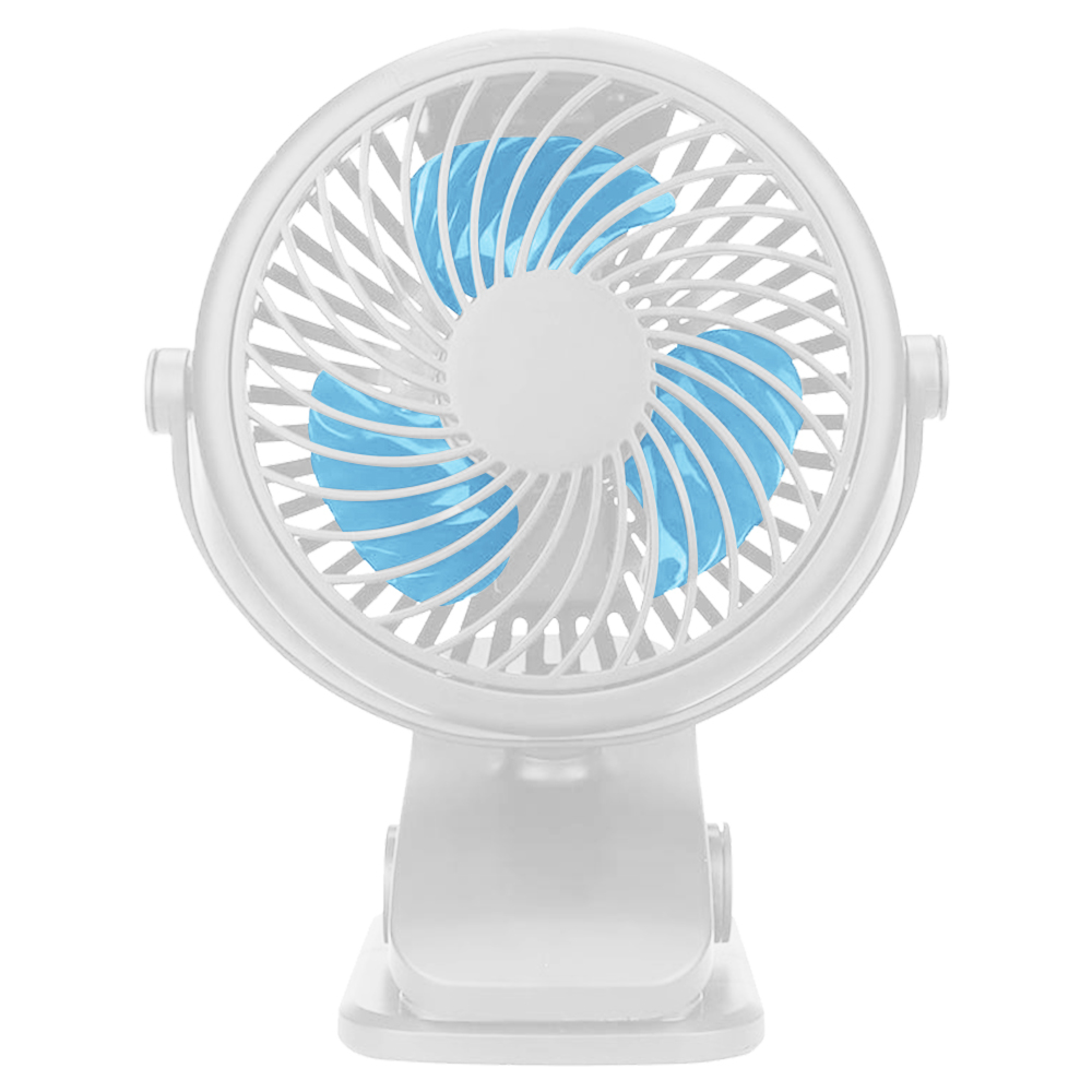 Ein kleiner weißer Ventilator mit blauen Flügeln und einer Klammerbasis.