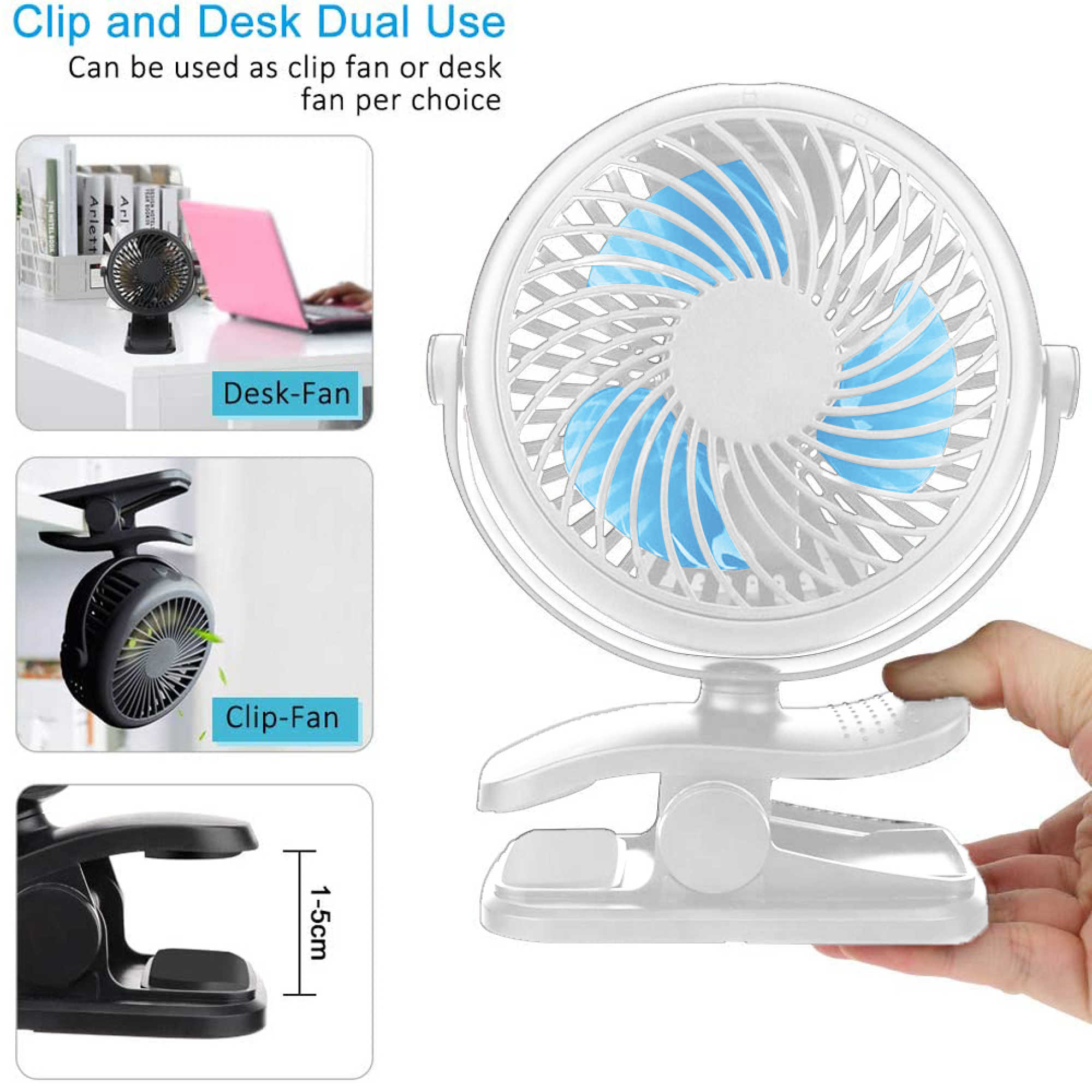 Ein weißer Klemm- und Schreibtischventilator mit blauen Rotorblättern.