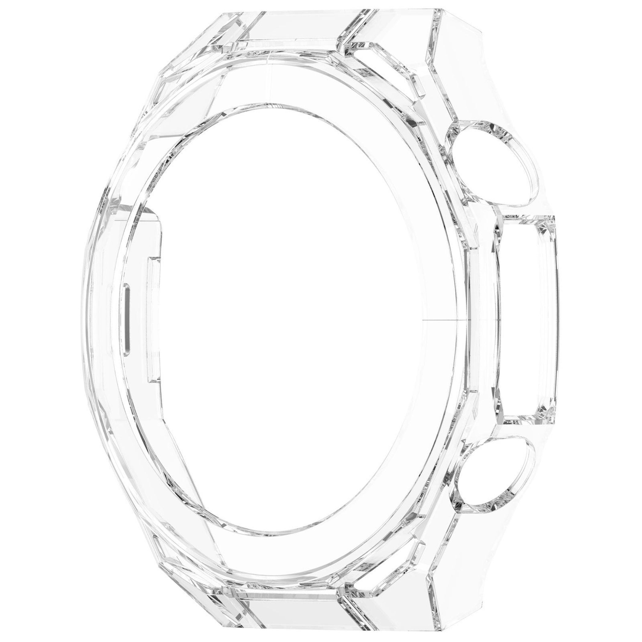 Transparenter Schutzrahmen für eine Smartwatch mit seitlichen Tastenöffnungen.