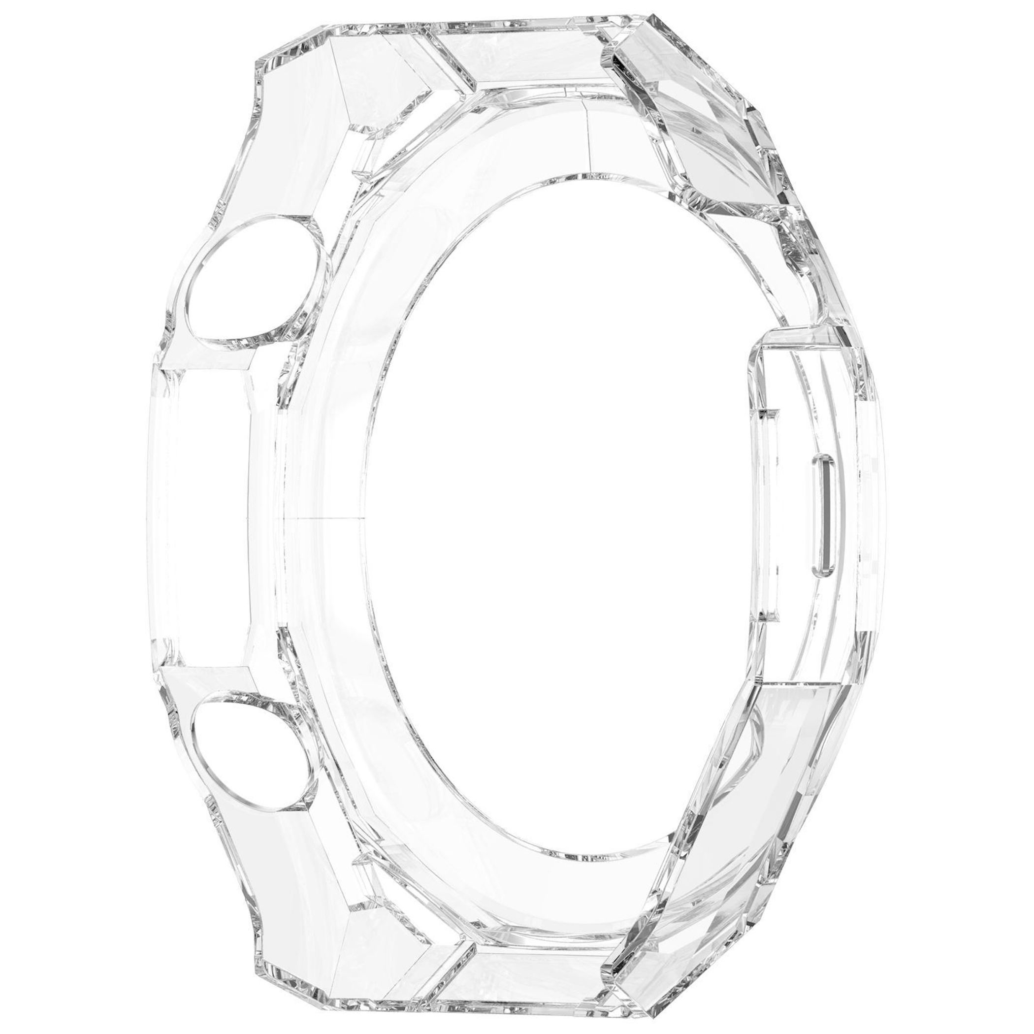 Transparenter Schutzrahmen für eine Smartwatch mit Ausschnitten für Tasten und Armband.