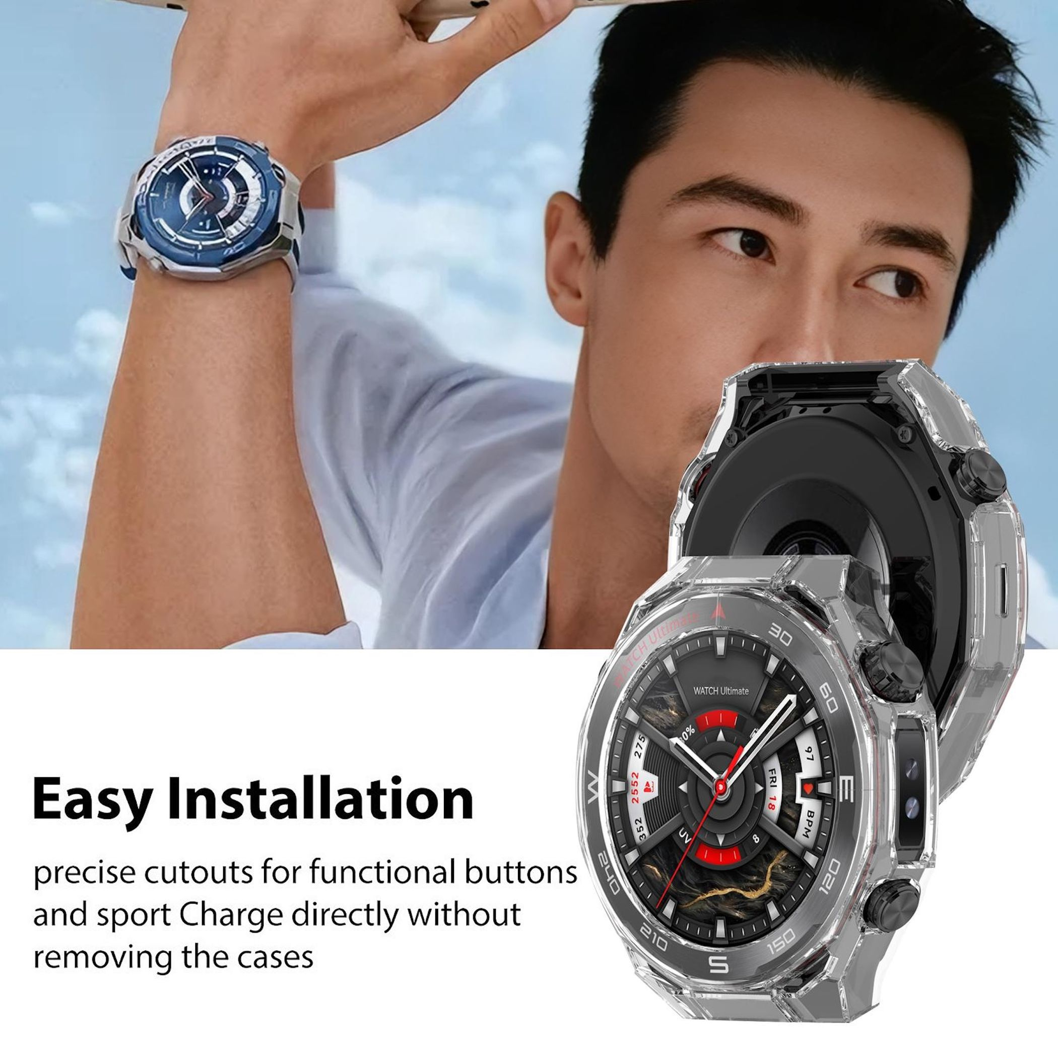 Ein Mann trägt eine Smartwatch mit klarem Gehäuse. Text: 'Easy Installation'.