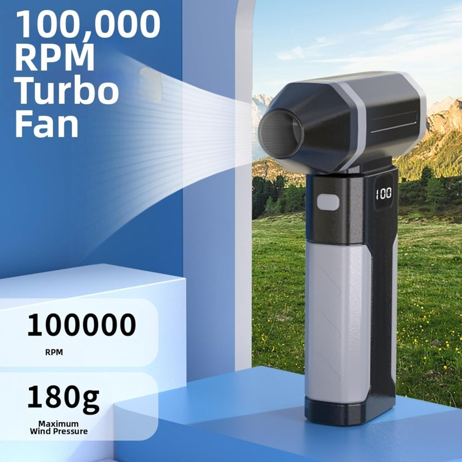 Schwarzer und grauer Turbo-Ventilator mit 100.000 U/min auf einem blauen Podest vor Berglandschaft.
