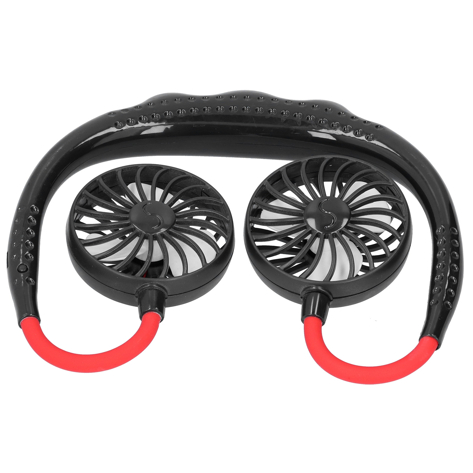 Ein tragbarer Nackenventilator mit zwei schwarzen Lüftern und roten Schläuchen auf weißem Hintergrund.