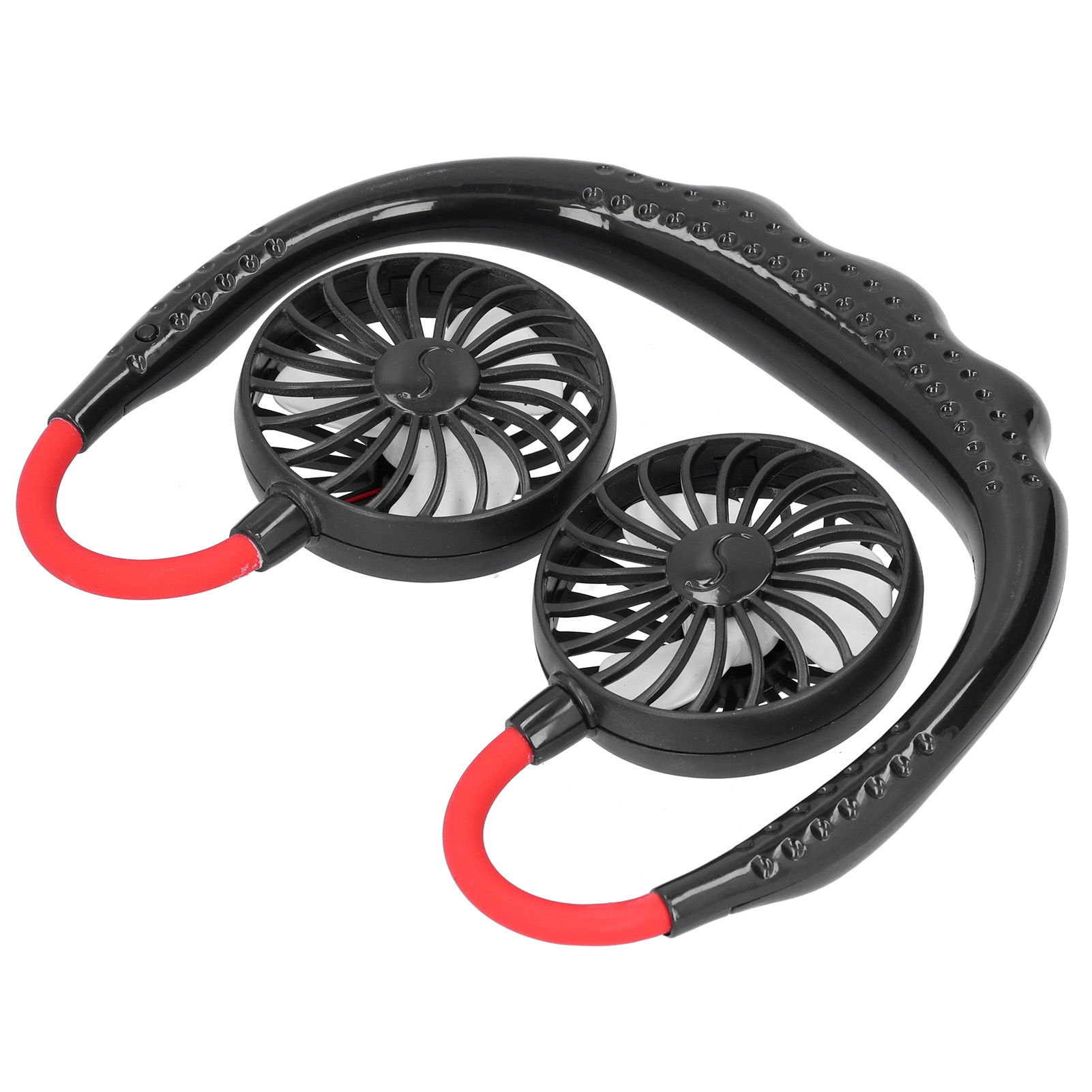 Ein tragbarer Nackenventilator mit zwei schwarzen Lüftern und roten Schläuchen.