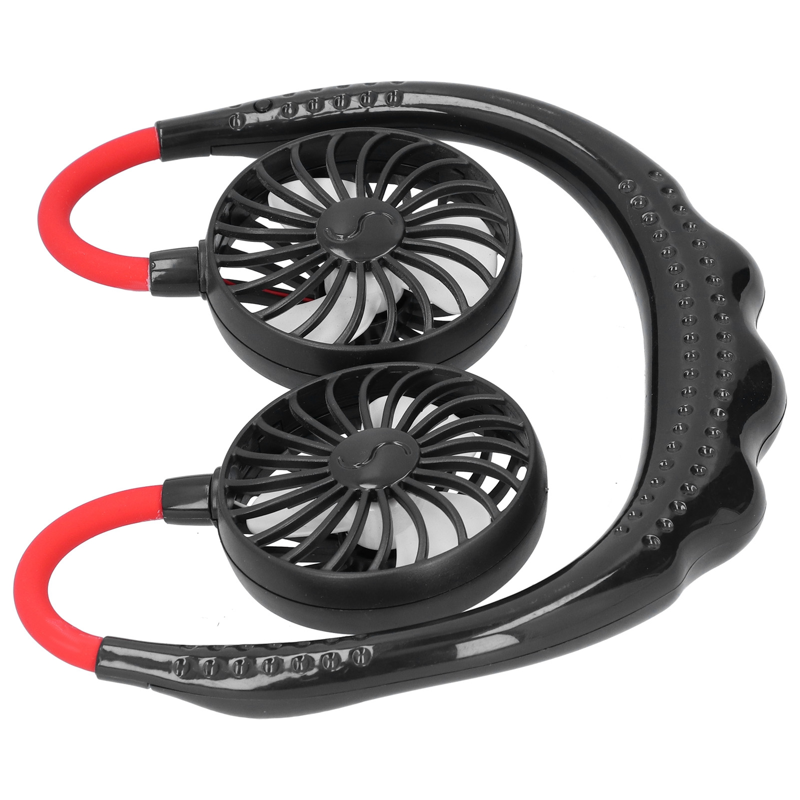 Ein tragbarer Nackenventilator mit zwei schwarzen Lüftern und roten Schläuchen.